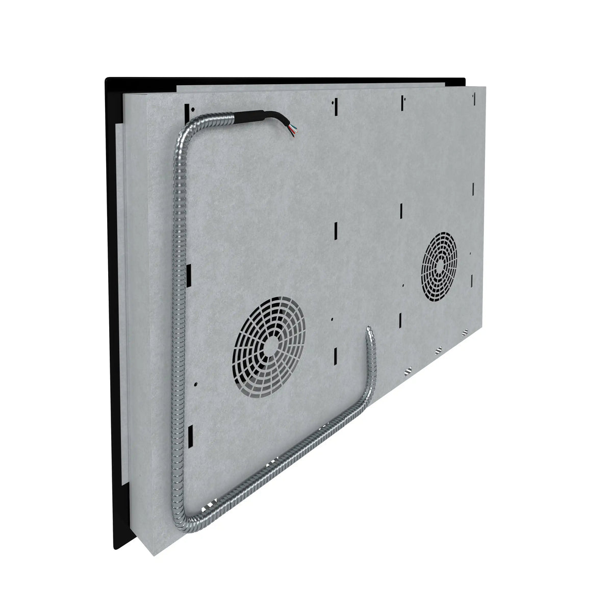 Induction cooktop bottom panel with cooling fans and wiring bracket