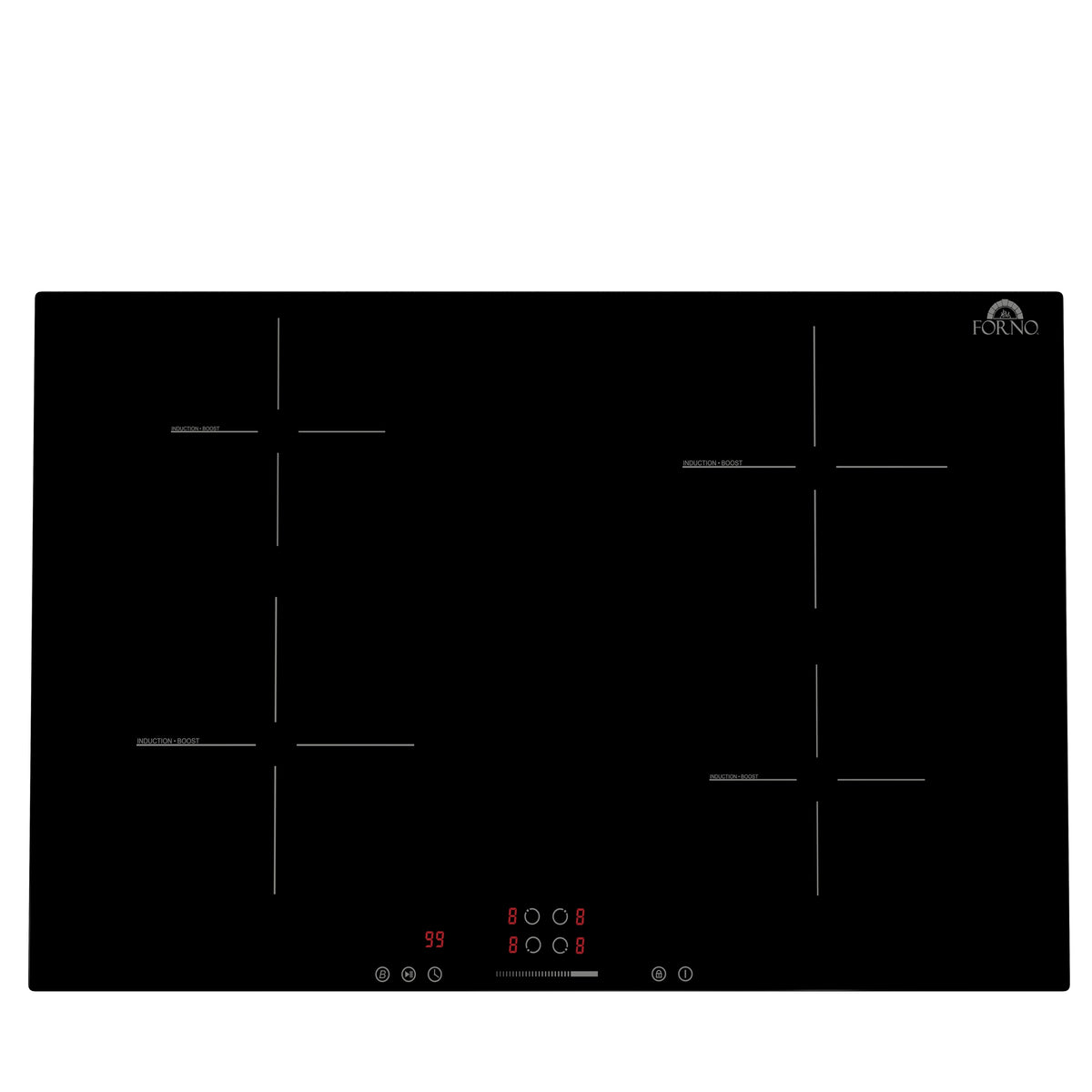 Black induction cooktop glass top with zone lines and touch control LEDs