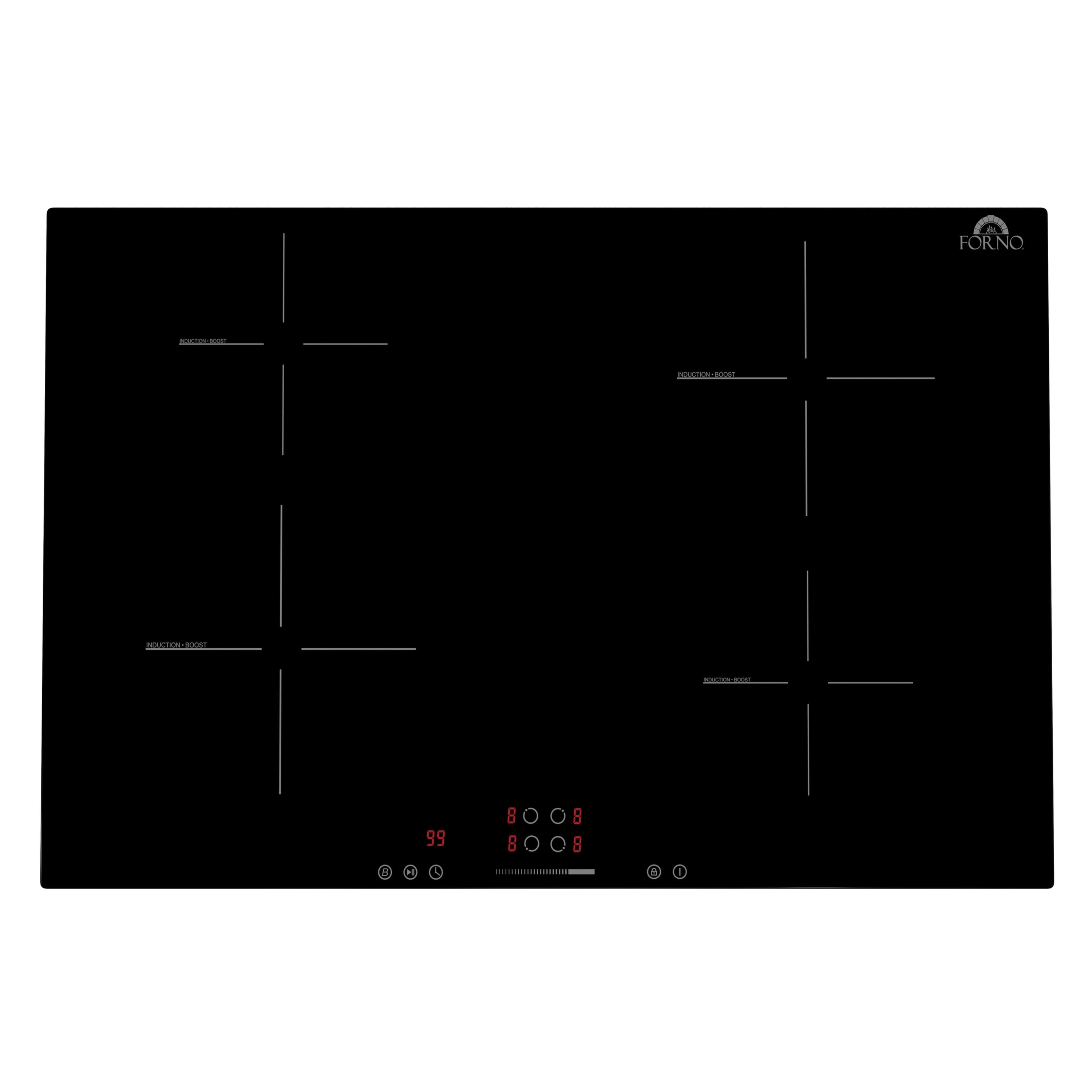 Black FORNO induction cooktop front with four-zone line pattern and red LEDs