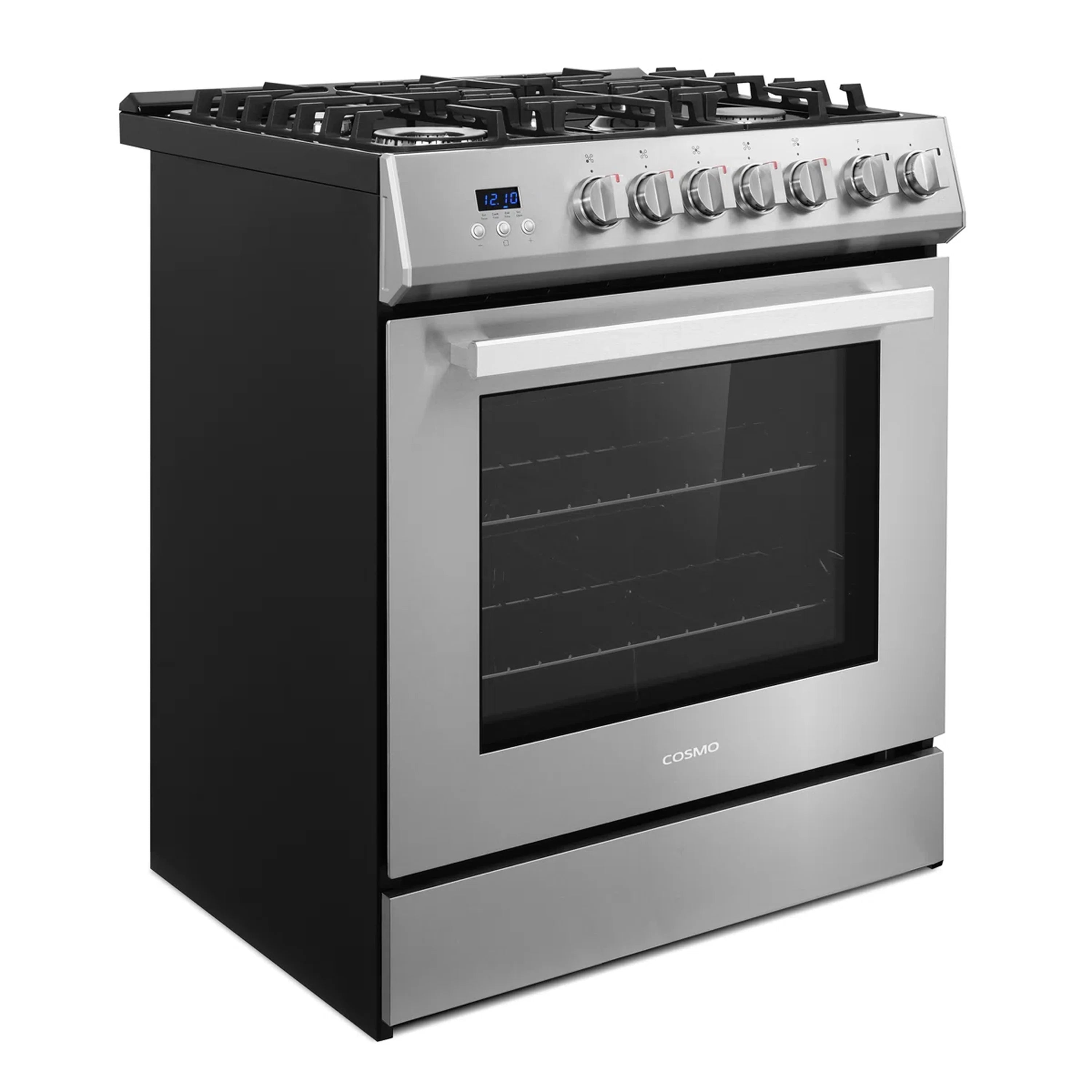 Stainless steel gas range with oven window, front control knobs, and black cooktop grates