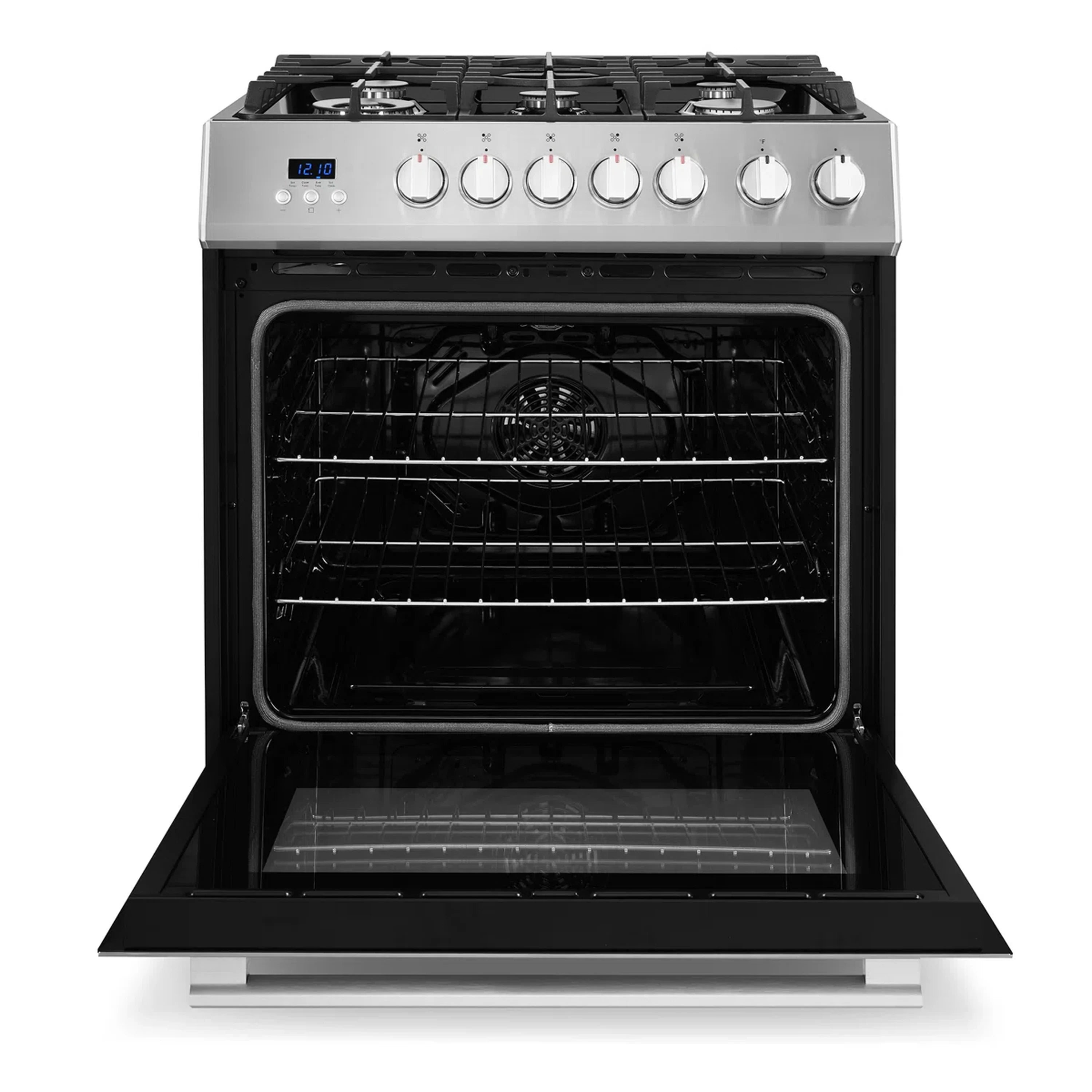 Stainless steel gas range with 5-burner cooktop and open single oven door