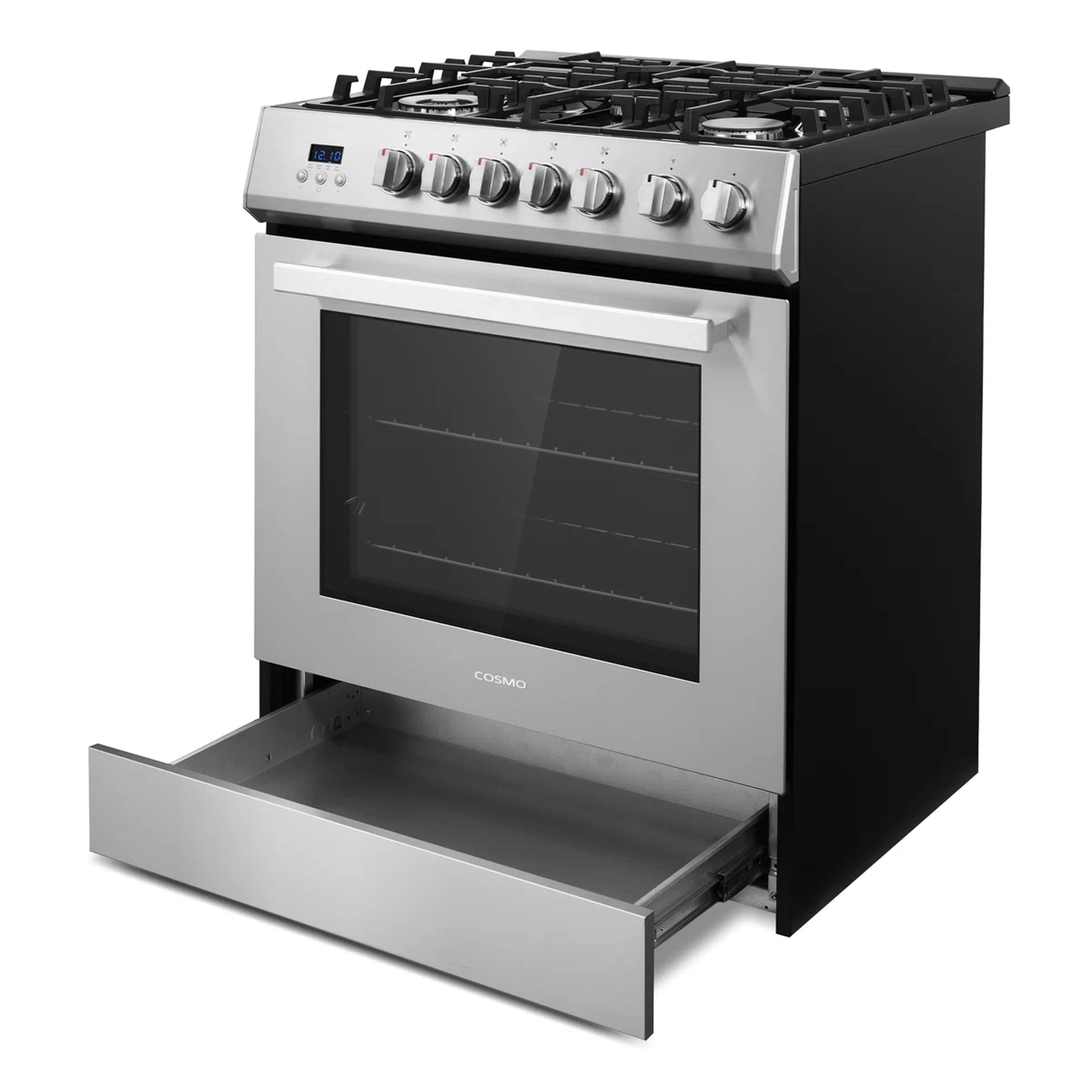 Stainless steel gas range with oven door open and removable drawer beneath