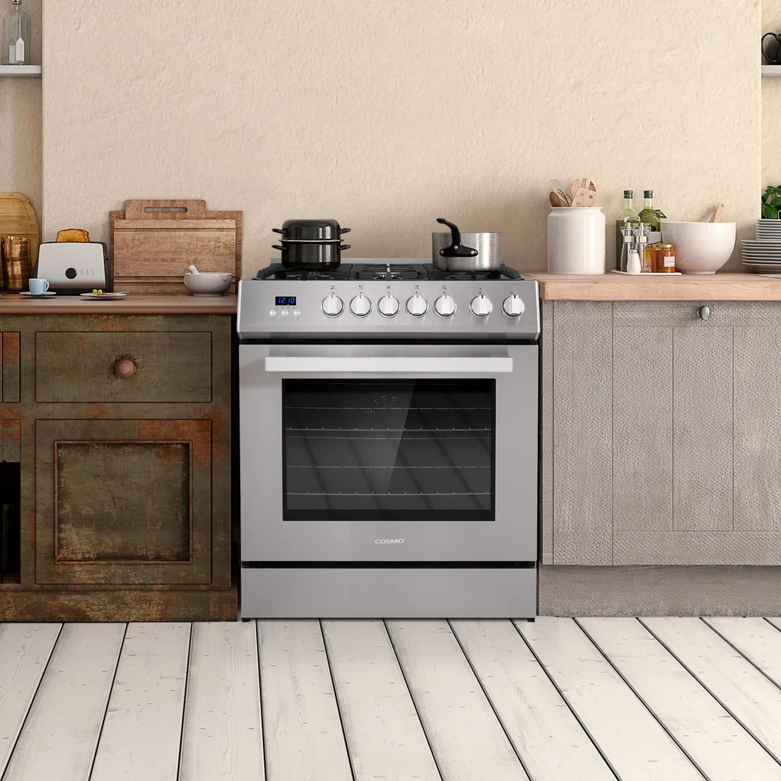 Stainless steel gas range with 5-burner cooktop and single oven, closed door