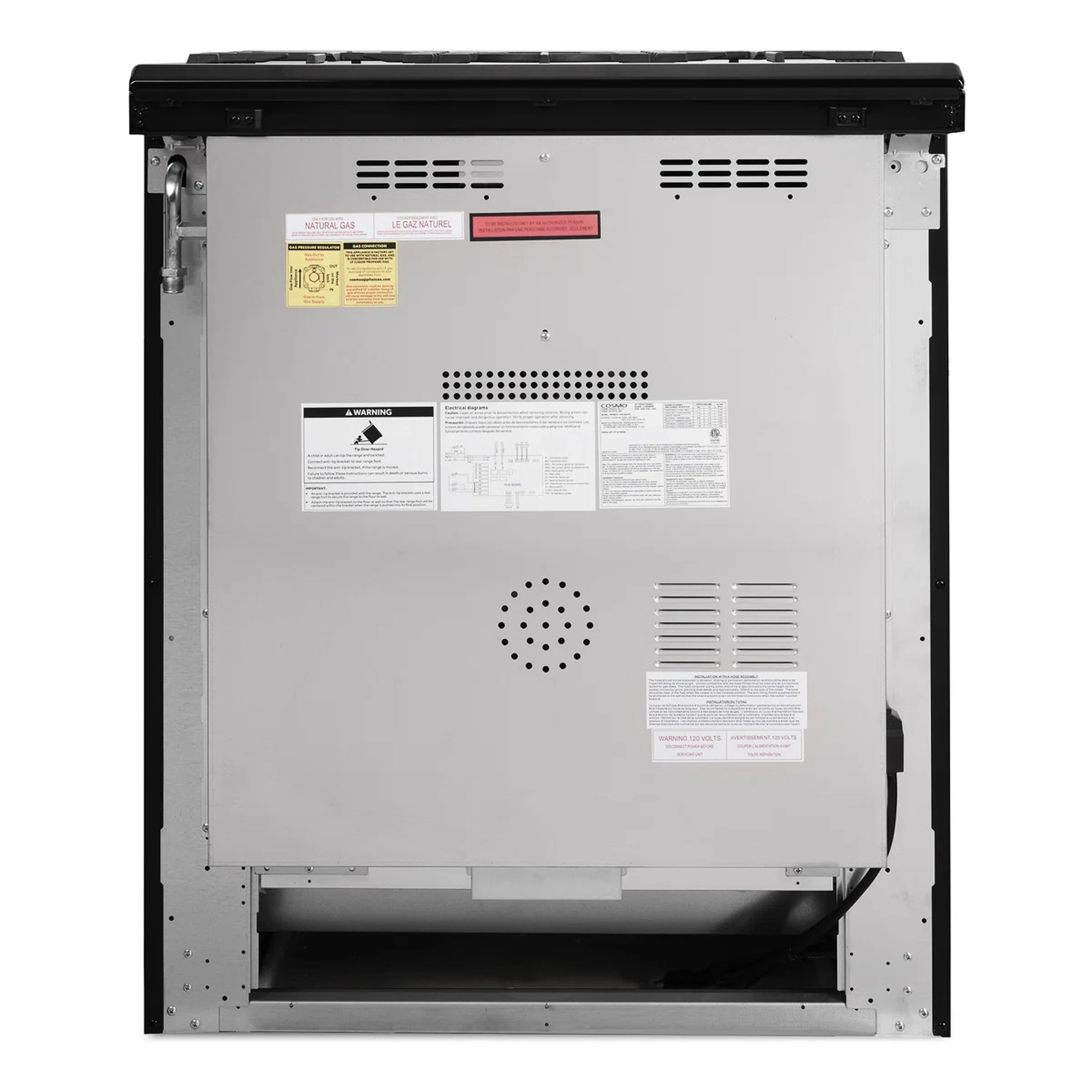 Stainless steel oven interior back panel with vents, labels, and heating area