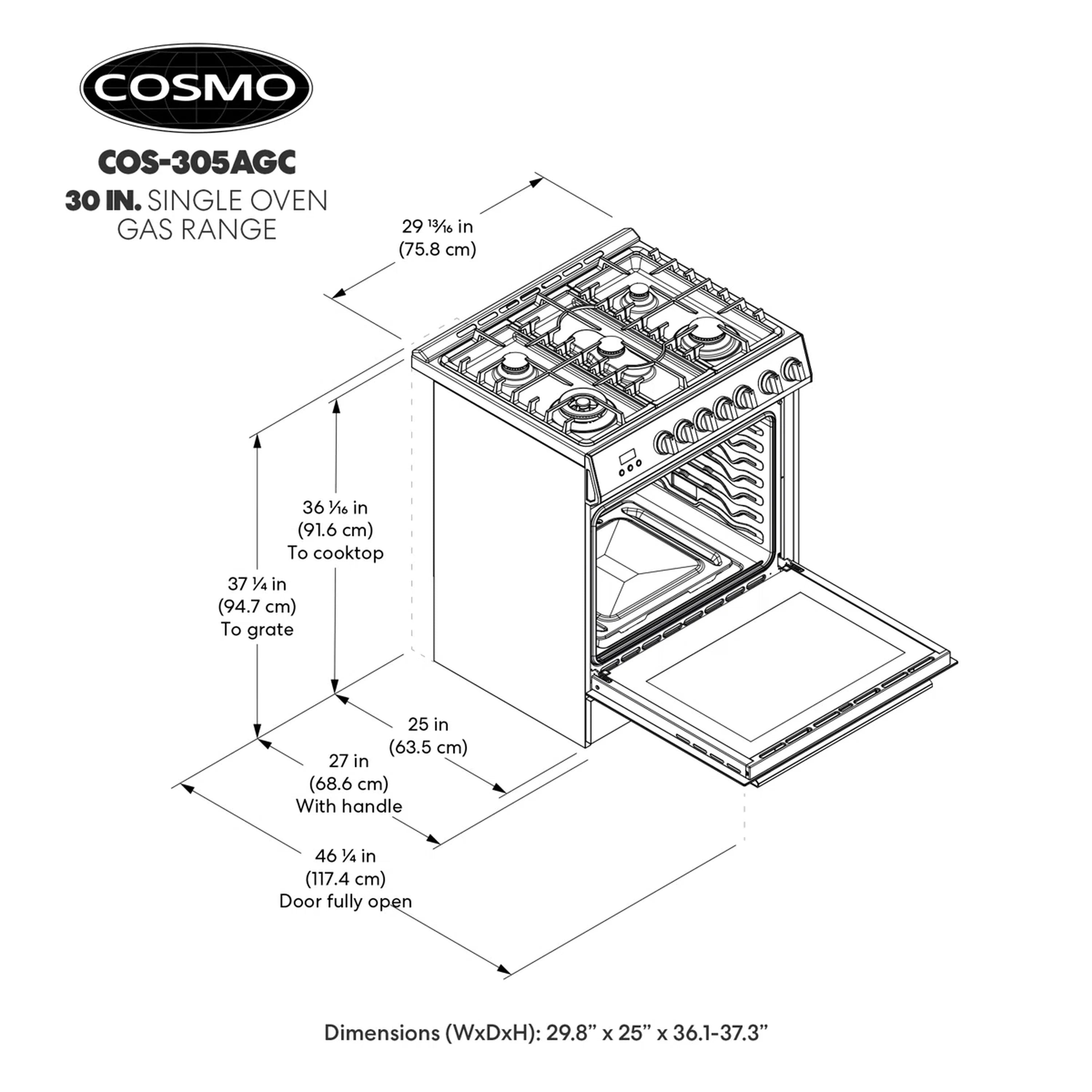 Stainless steel single oven gas range diagram with cooktop and fully open door