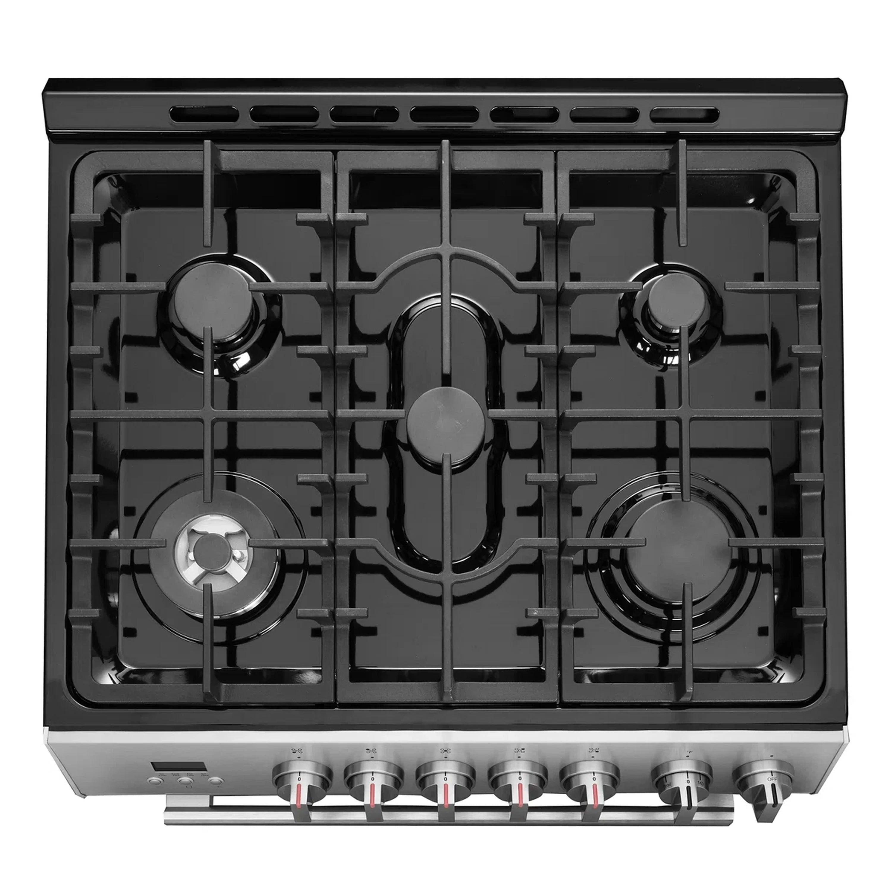 Black gas burner grates and metal burner caps on a stainless steel cooktop