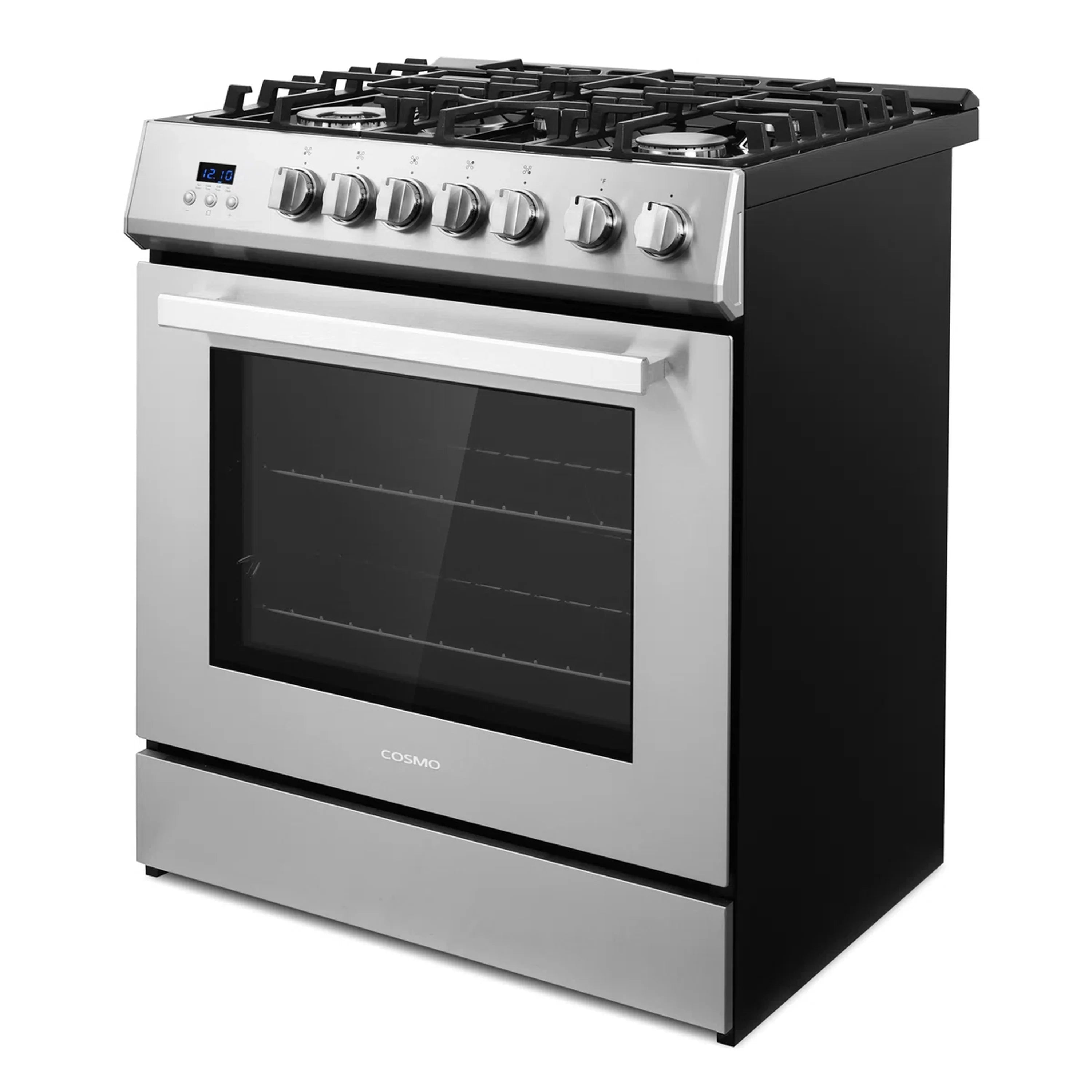 Stainless steel 30-inch gas range with open oven door, knob controls, and burner grates