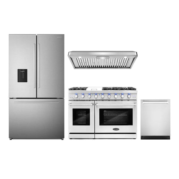 Cosmo 4-Piece Appliance Package - 48-Inch Gas Range, Under Cabinet Range Hood, Dishwasher and Refrigerator with Water Dispenser in Stainless Steel (COS-4PKG-713)