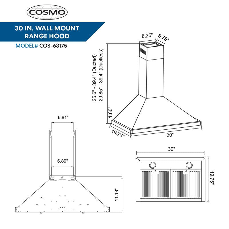 Cosmo 30-Inch Ductless Wall Mount Range Hood in Stainless Steel (COS-63175-DL)