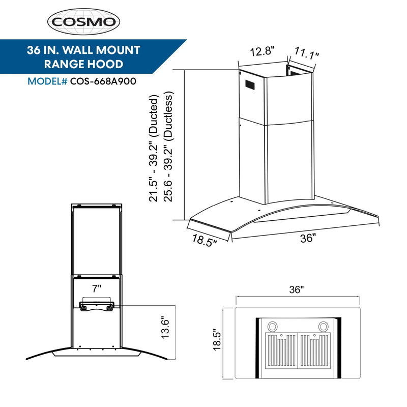 Cosmo 36-Inch  Ductless Wall Mount Range Hood in Stainless Steel with Tempered Glass (COS-668A900-DL)