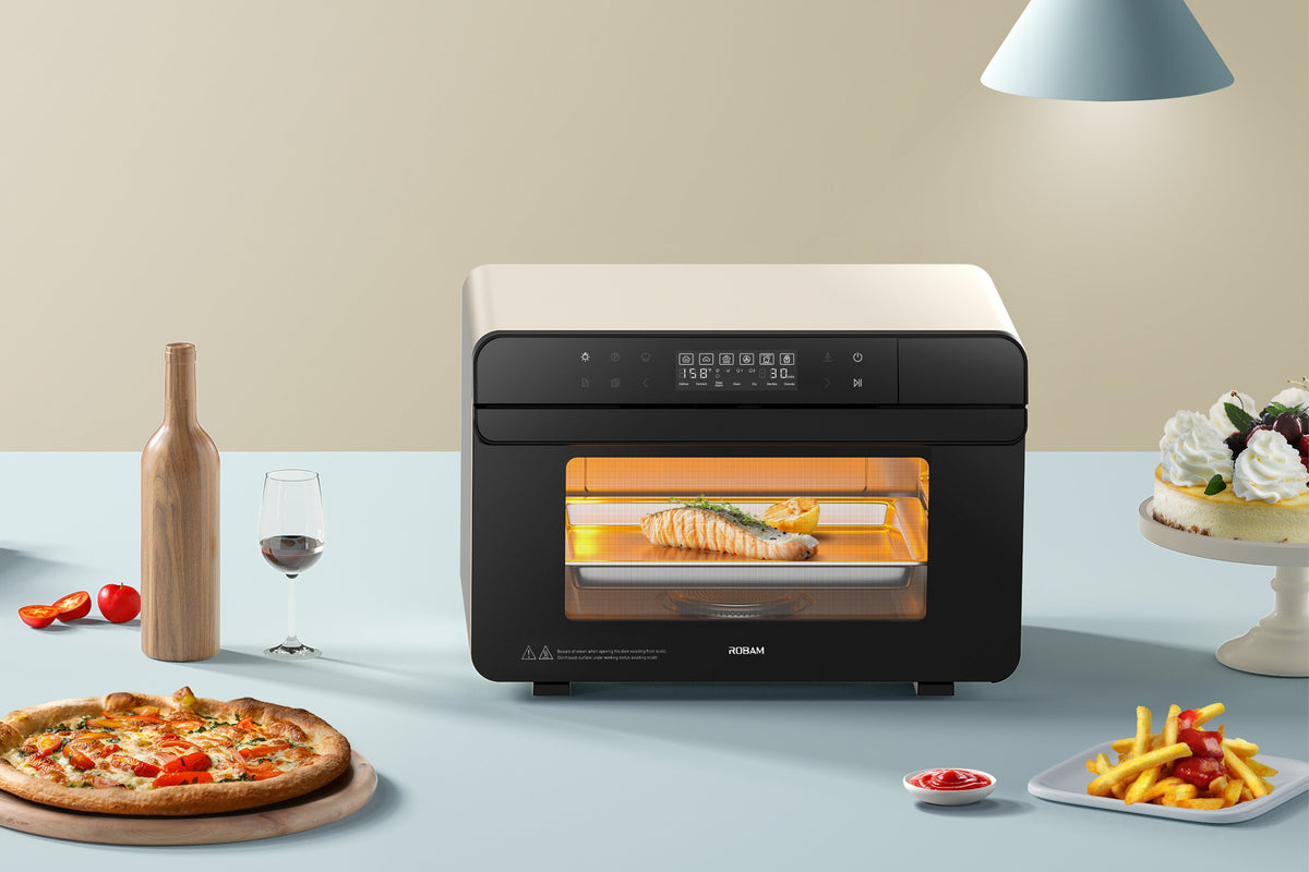 ROBAM combi steam oven with cream exterior, glass window and amber-lit cooking interior