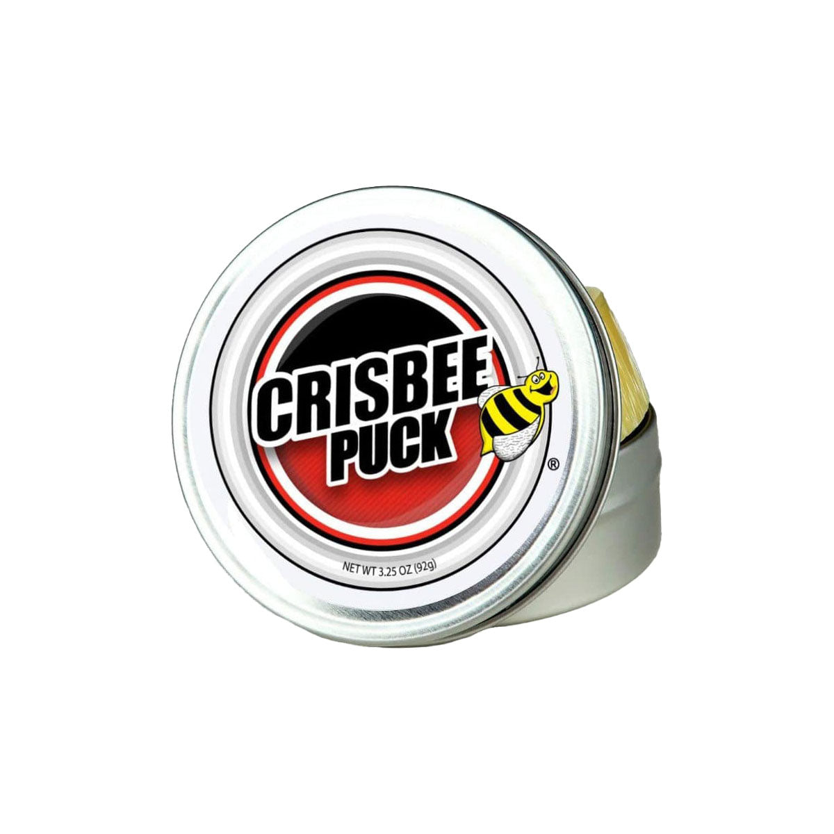 Crisbee Puck griddle seasoning puck in silver round tin with CRISBEE logo