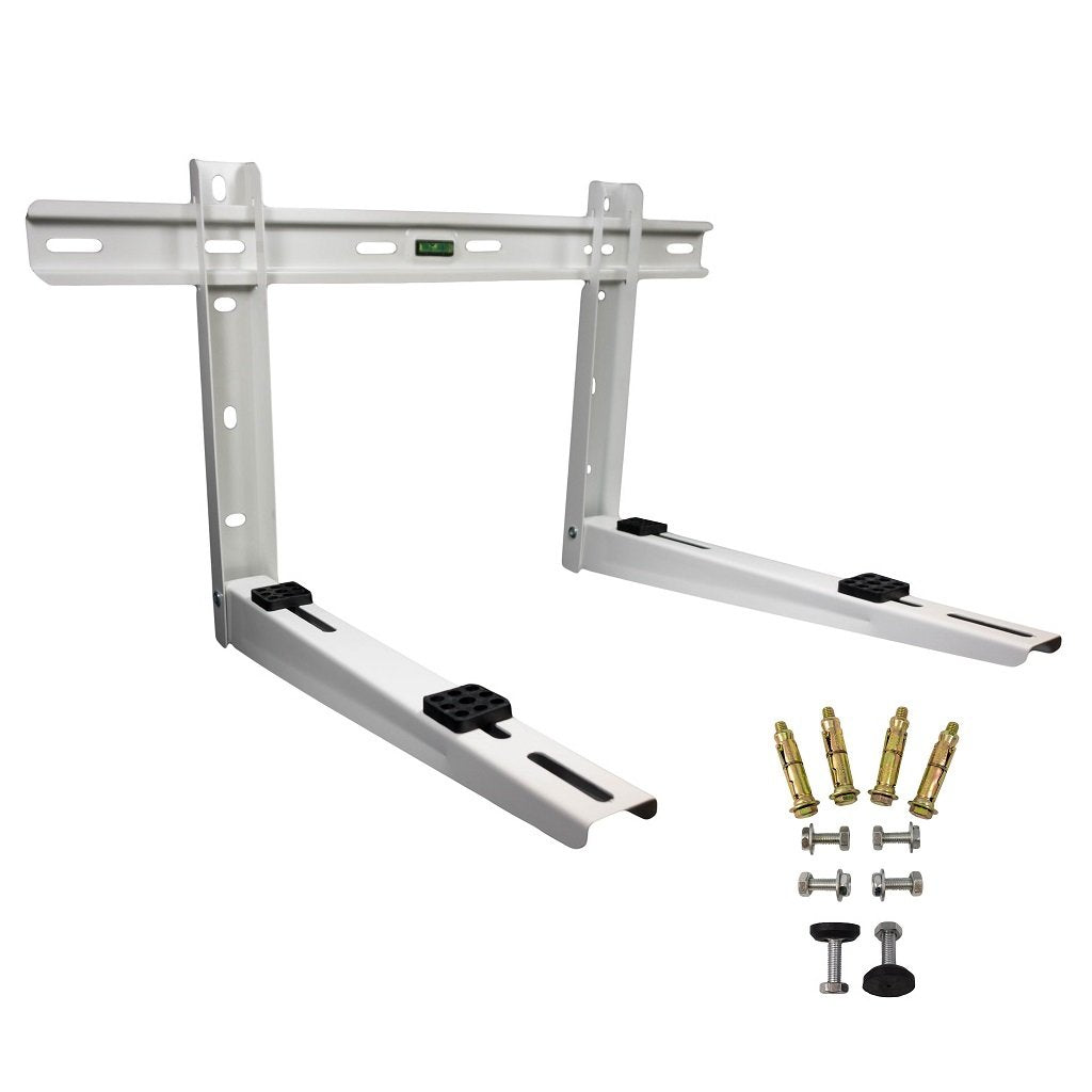 White folding mini-split mounting bracket with leveler and included hardware kit