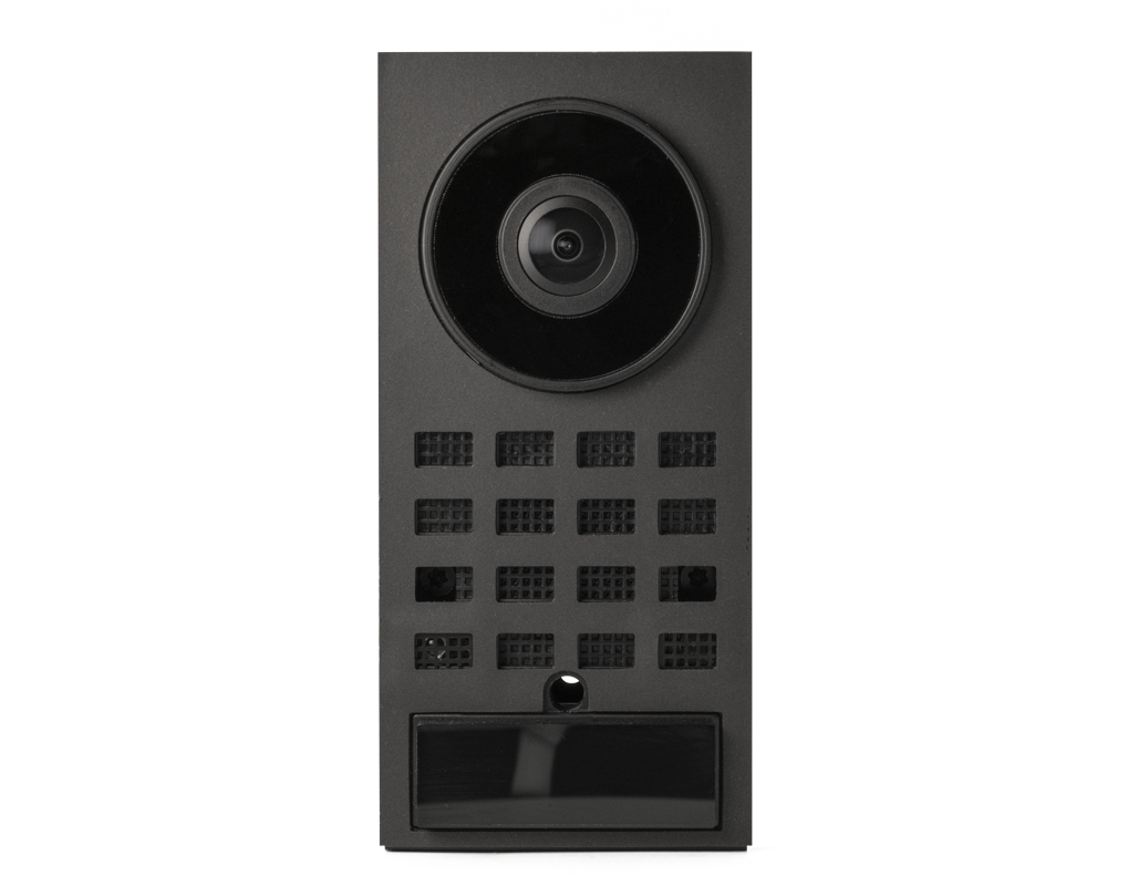 DoorBird D1100E exterior video door station front panel with camera lens and call screen