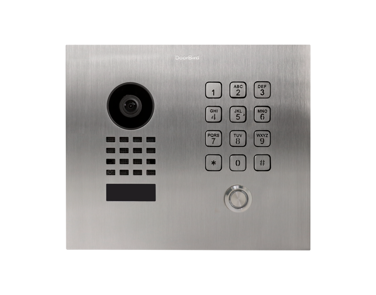 Silver flush-mount IP video door station with camera lens and number keypad