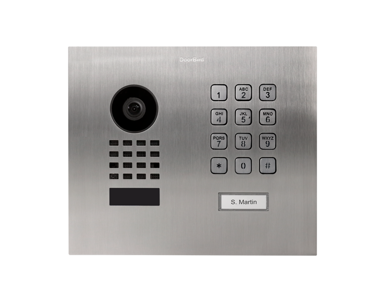 DoorBird flush-mount IP video door station with camera and keypad, silver faceplate