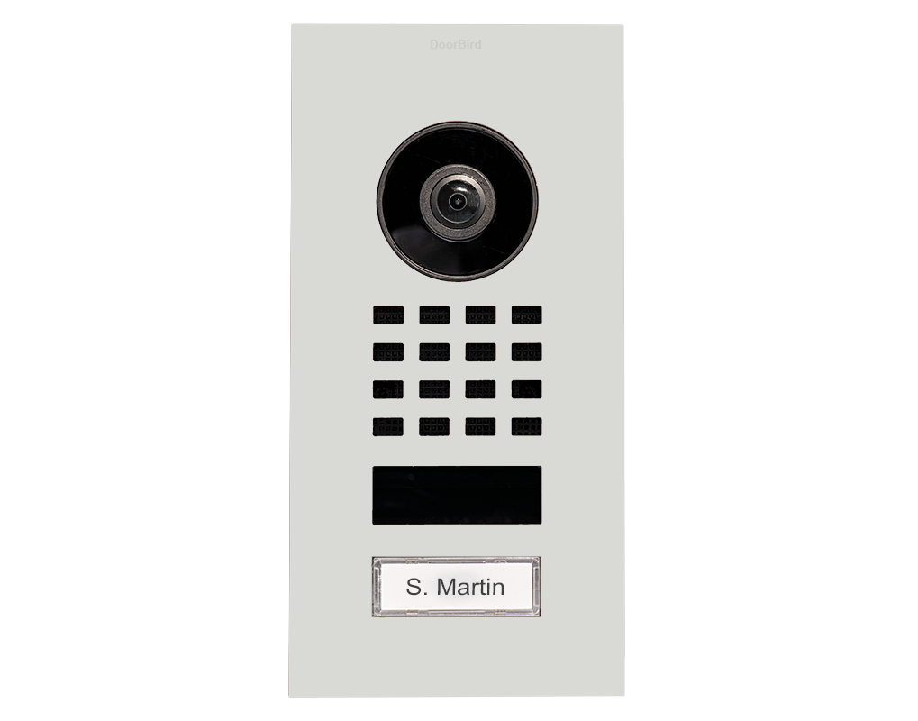 Traffic white flush-mount intercom door panel with round camera, keypad buttons, nameplate S. Martin