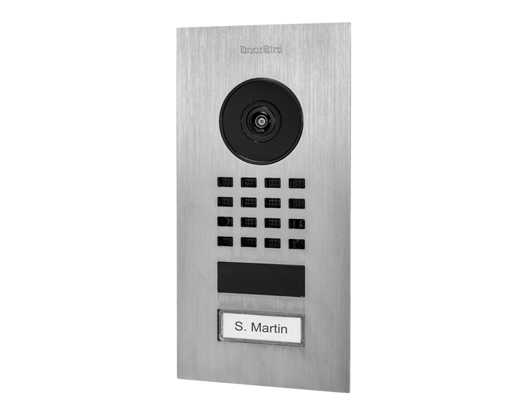 DoorBird D1101V flush video intercom, brushed metal panel with camera and keypad
