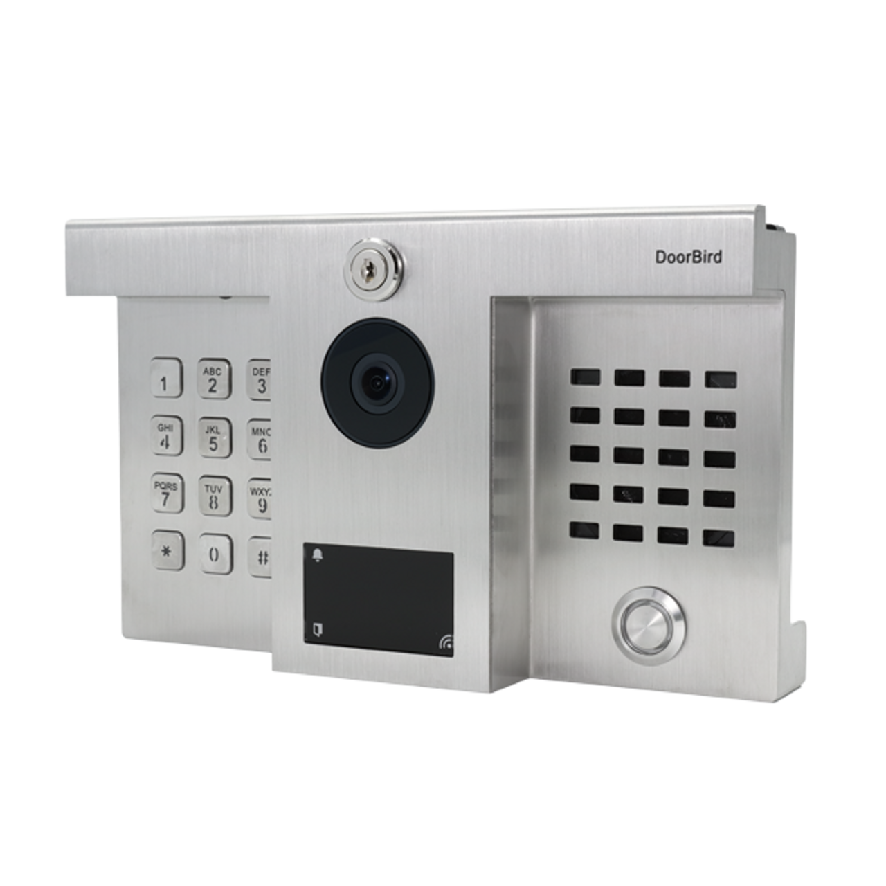 Stainless steel DoorBird hybrid video door station with camera, keypad, and call buttons