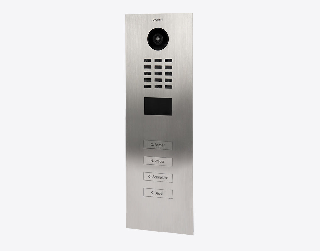 DoorBird IP video door station brushed metal front with camera lens, keypad, and 4 call labels