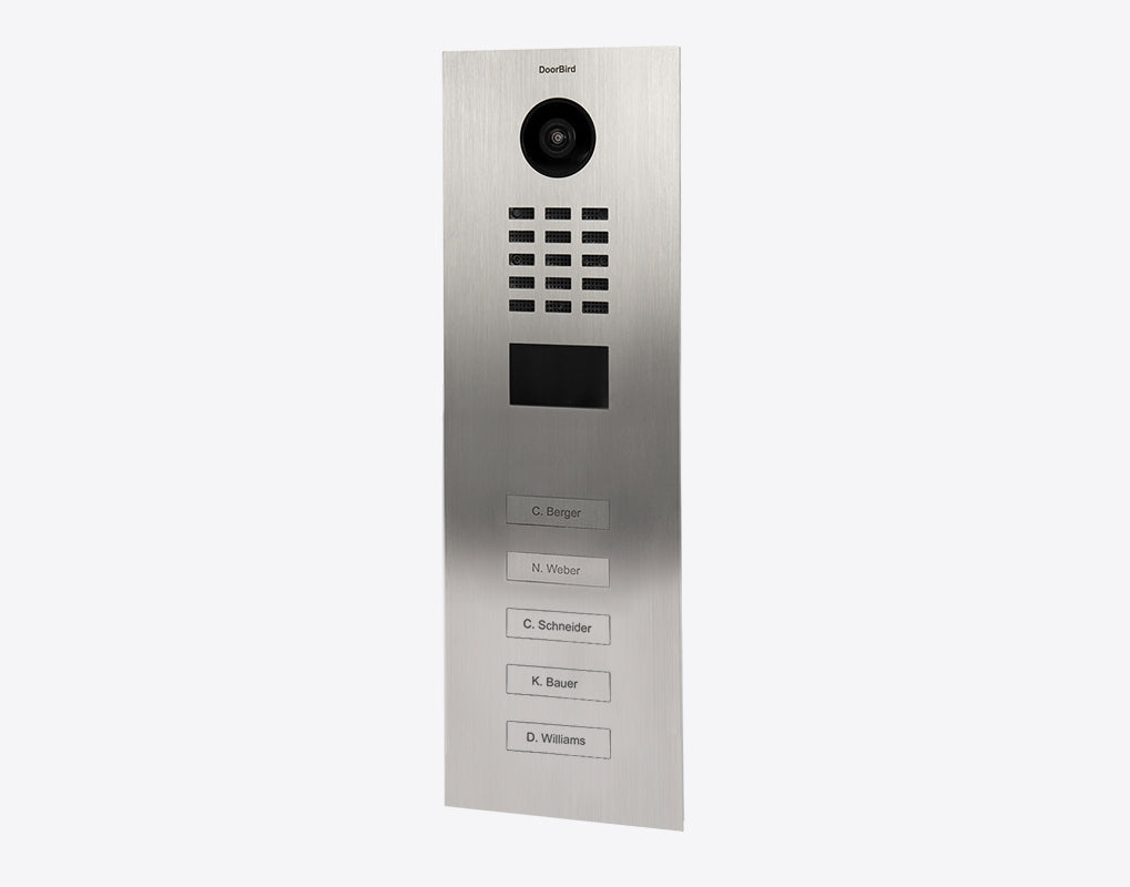 DoorBird IP video door station panel, silver metal finish with call buttons