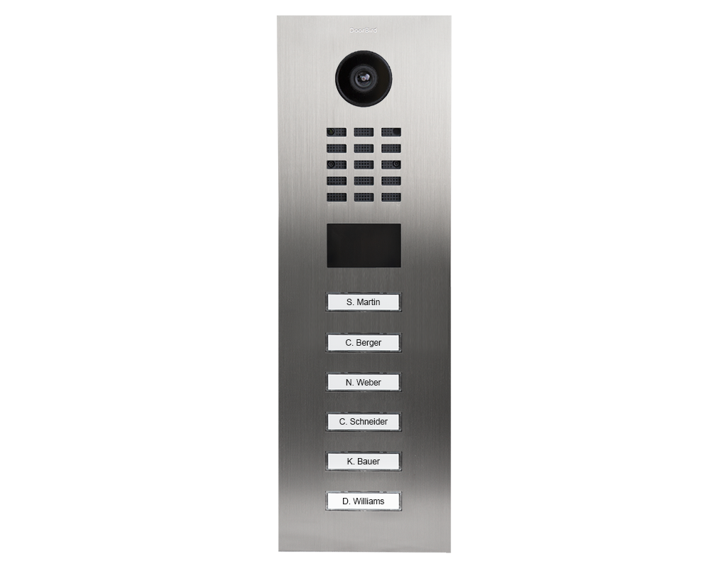 Chrome IP video door station panel with camera, call-button grid, and six nameplates