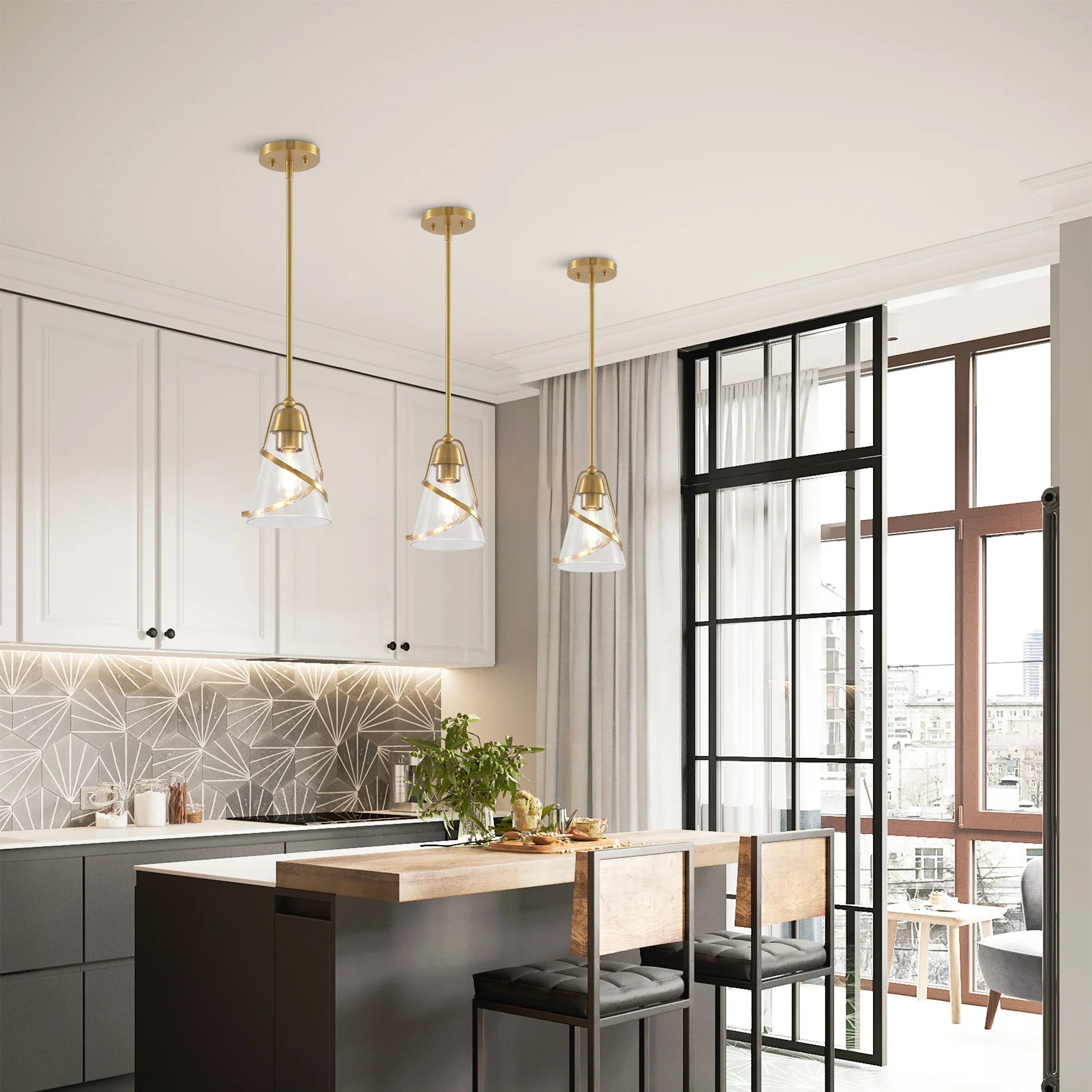 Golden multiple island pendants with clear seeded glass cone shades