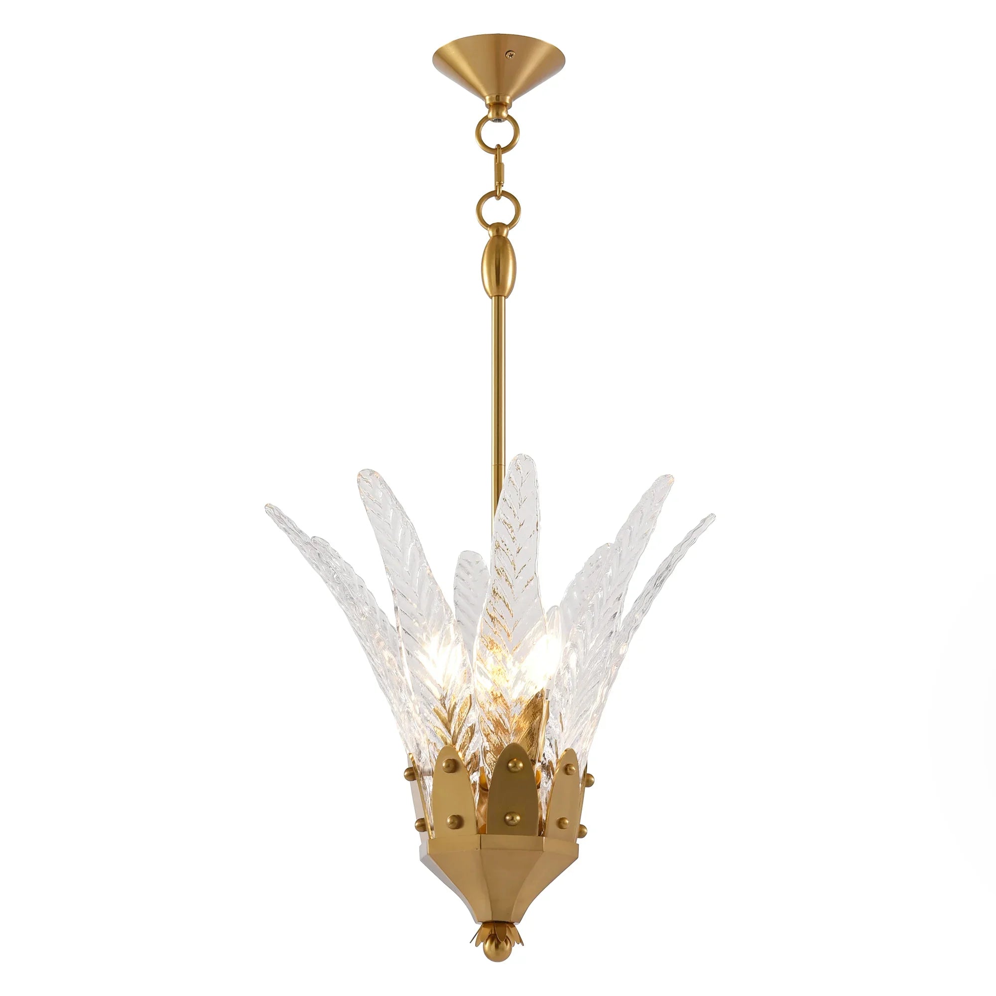 Feather-shaped island pendant light with white feathers and golden 3-light hardware