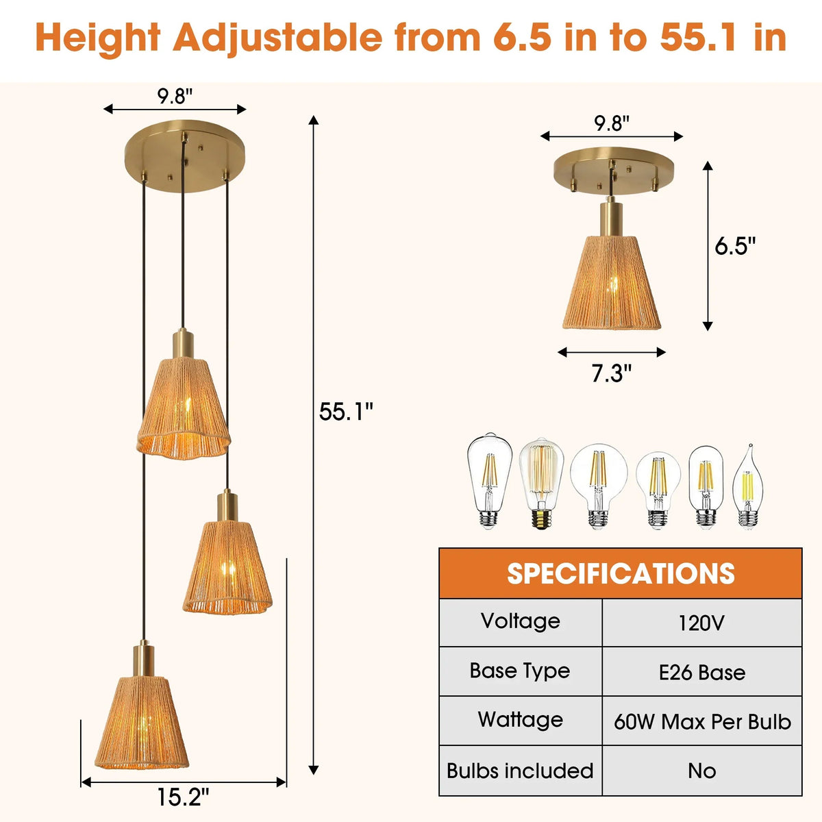 3-light pendant light showing adjustable height with gold canopy and rope paper shades