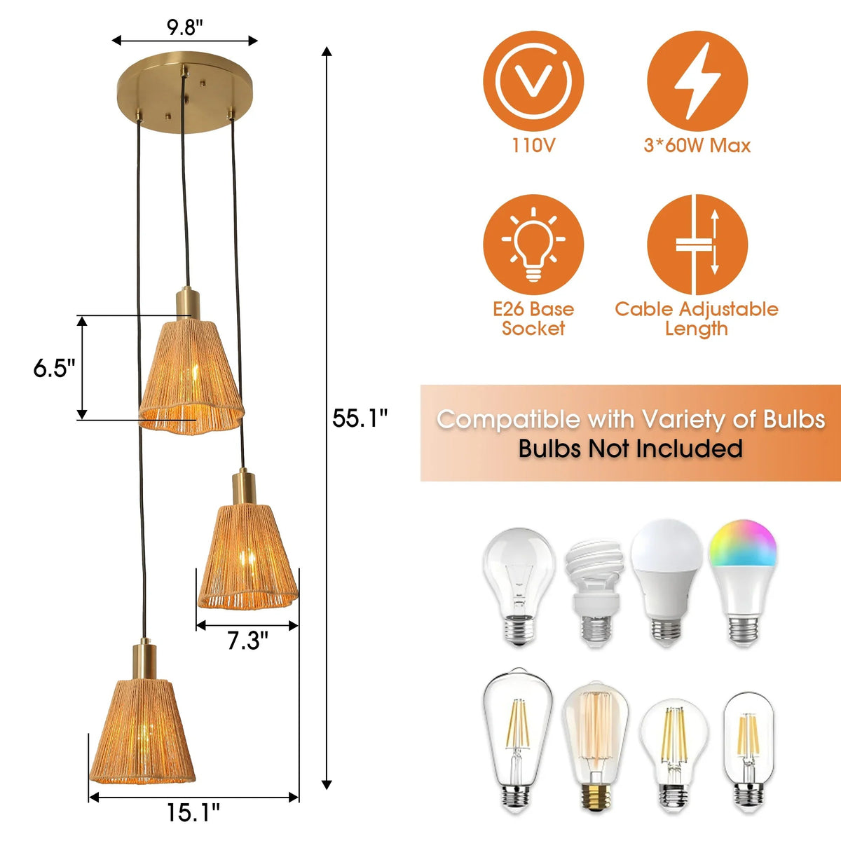 3-light pendant light with E26 bulb sockets and three natural rope paper shades