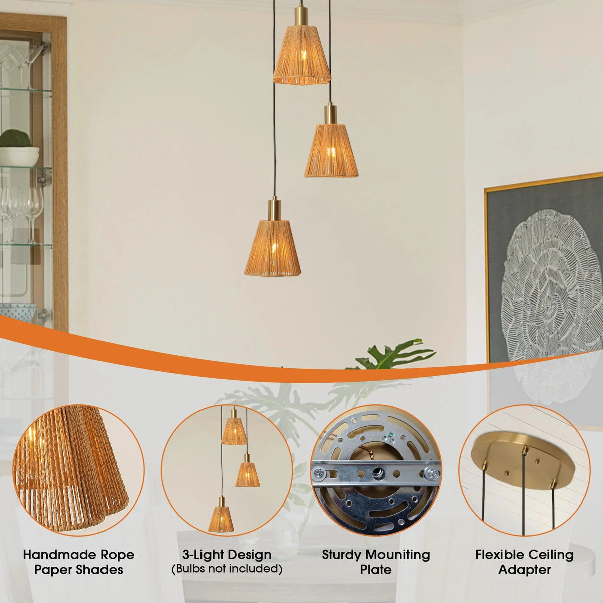 3-light pendant light with handmade rope paper shades and flexible ceiling adapter