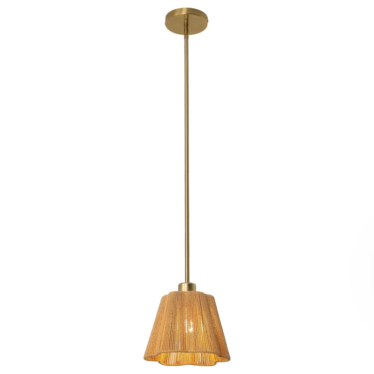 Golden 1-light island pendant light with woven cone shade and round ceiling cap