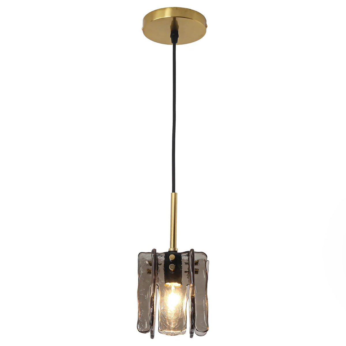 1-light island pendant with brass ceiling mount, black cord, and gray textured glass shade