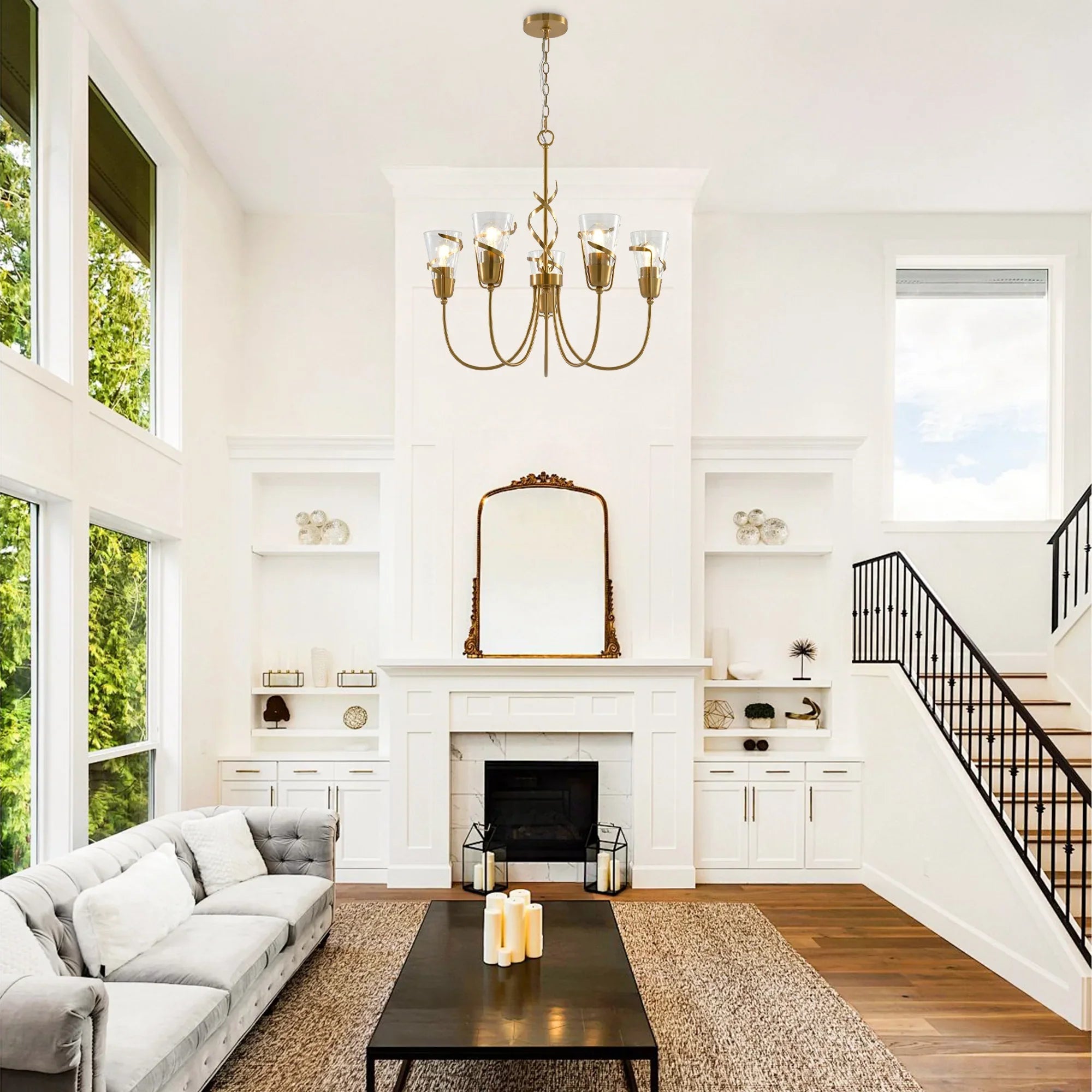 Golden 5-light chandelier with hanging chain and clear glass shades