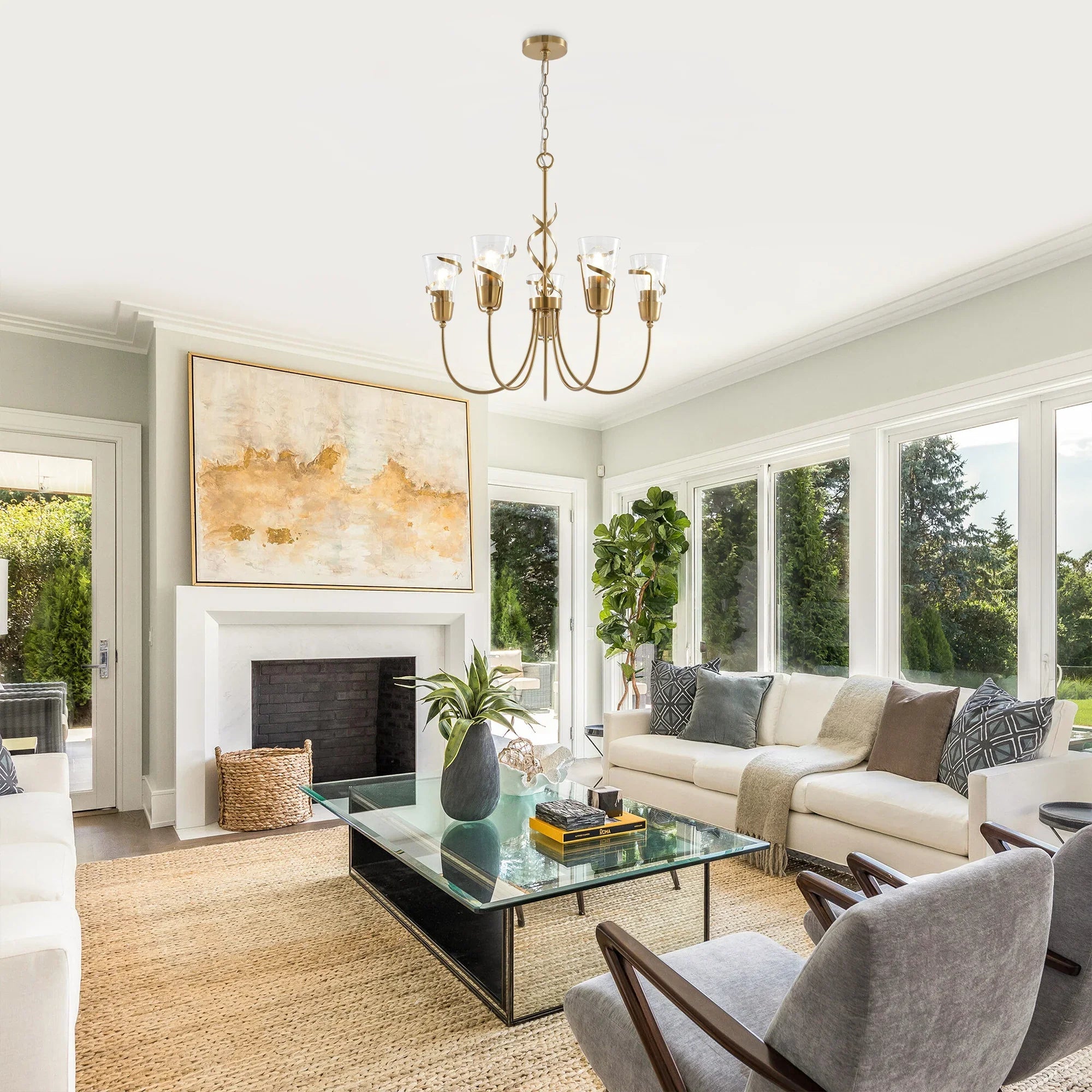 Golden 5-light chandelier with hanging chain and clear glass candle cups