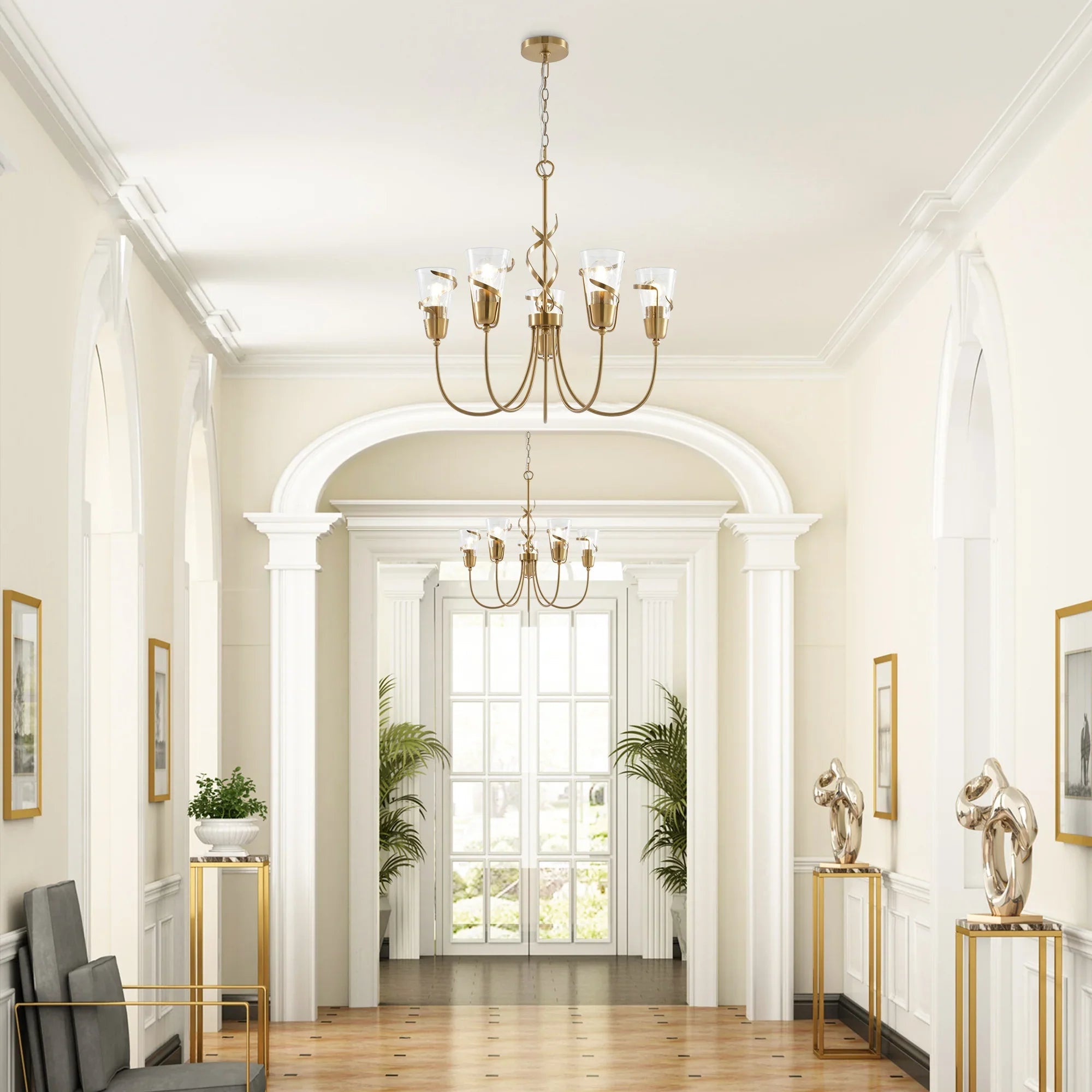 Golden 5-light chandelier with twisted arms and clear glass shades