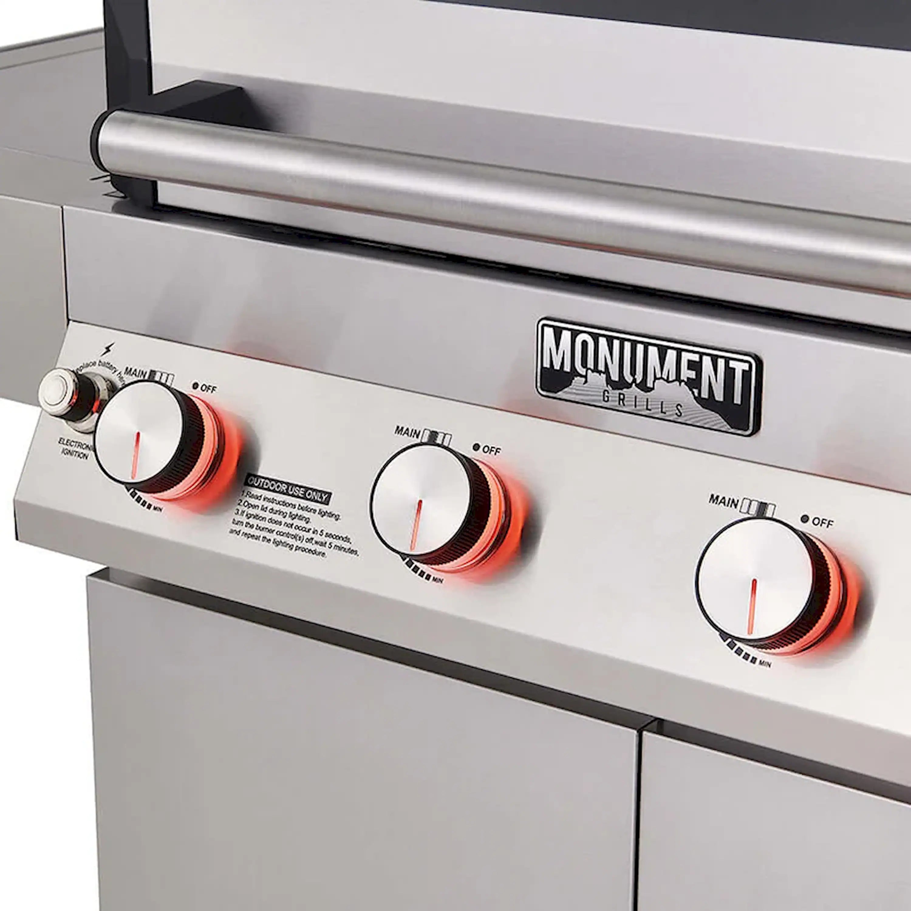 Stainless steel propane grill front controls with multiple burner knobs