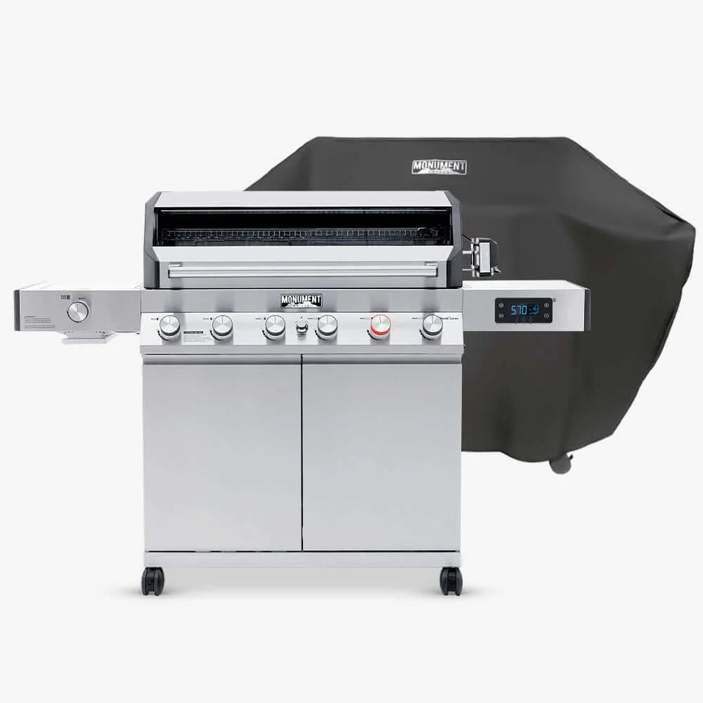 Stainless propane gas grill with 6 burners and black grill cover