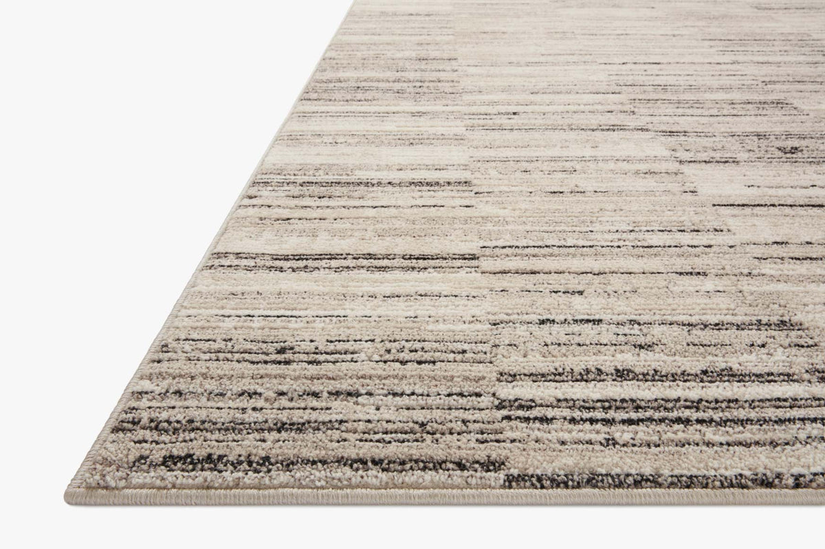 Charcoal and sand runner rug with horizontal striped texture and low pile