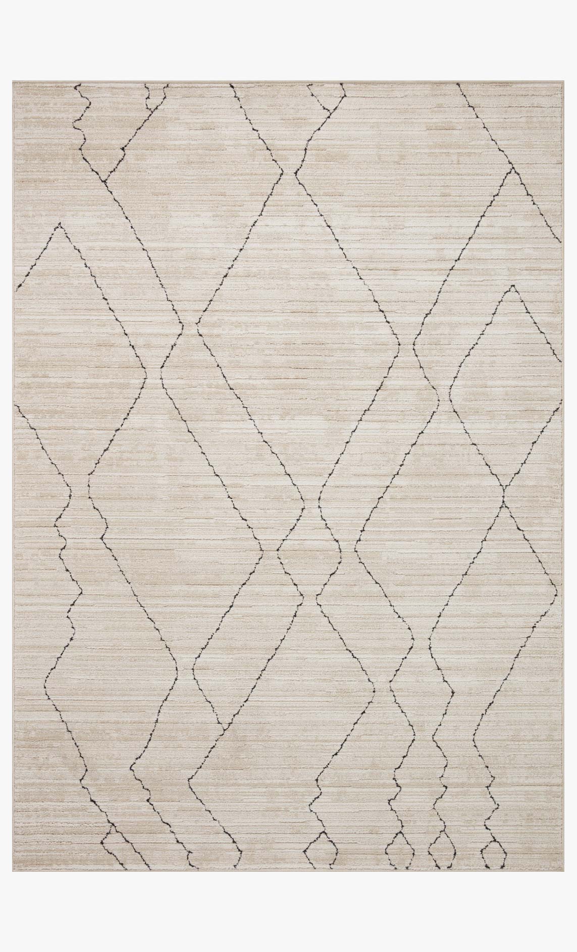 Sand and charcoal area rug featuring an all-over black geometric trellis pattern.