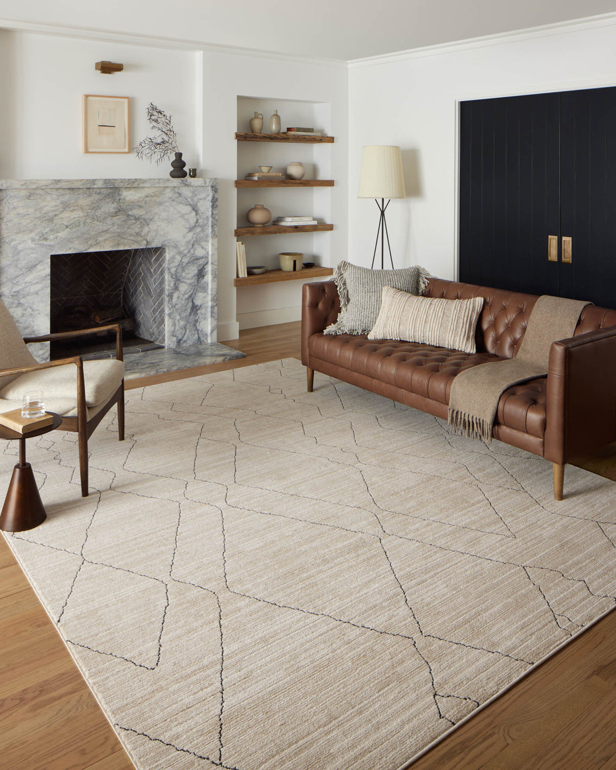 Sand runner rug with charcoal geometric lattice line pattern and textured pile