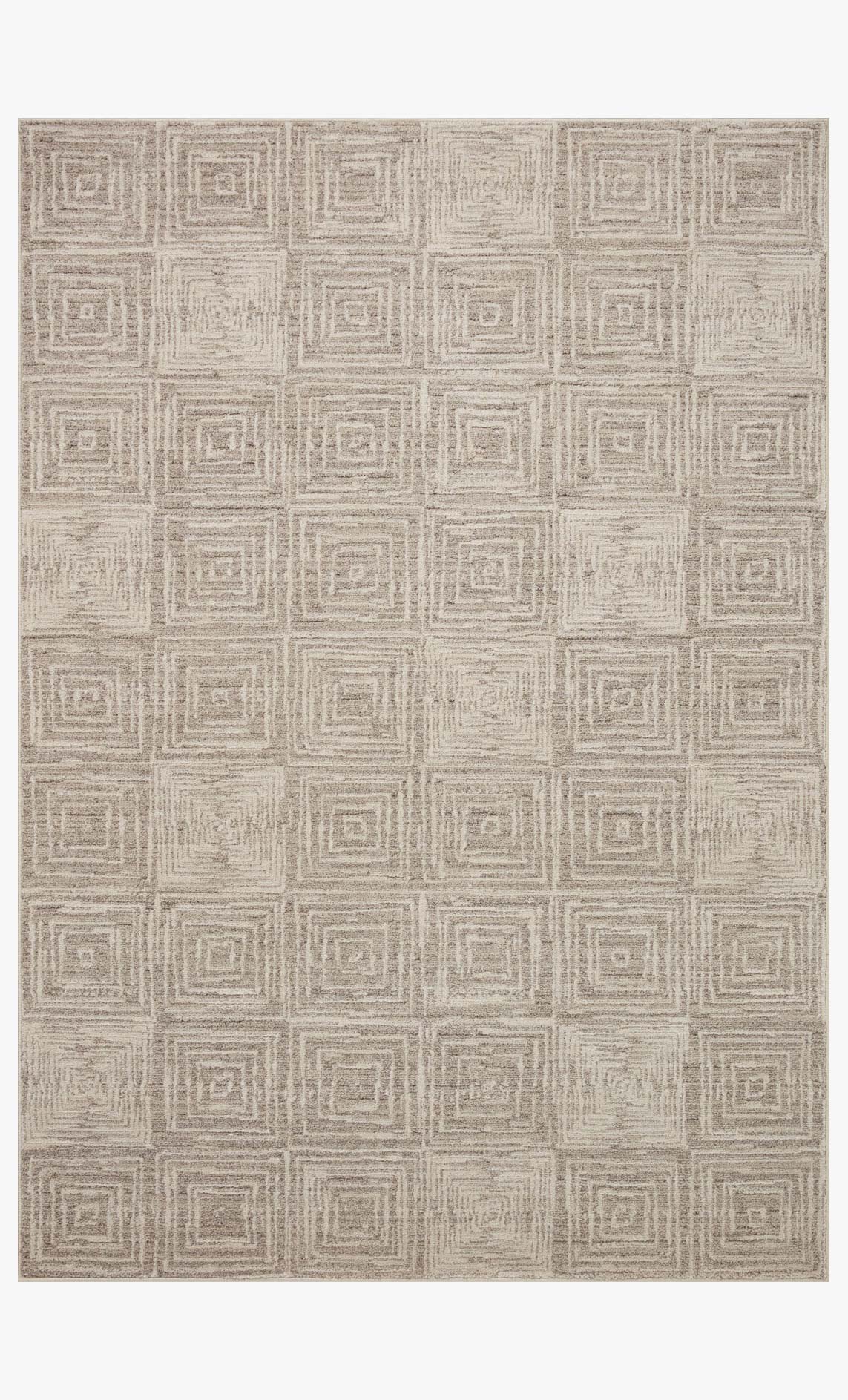 Beige and gray square rug with repeating geometric maze pattern, short flat weave.