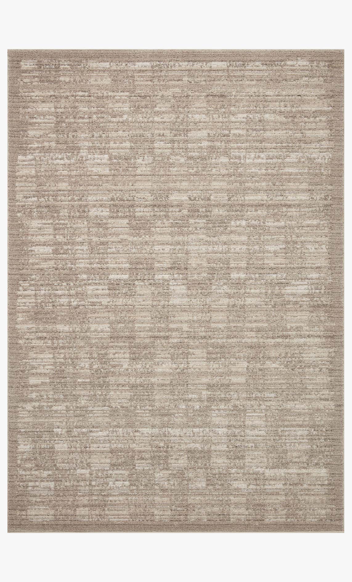 Sand and pebble neutral accent rug, full view with short textured layered stripe pattern