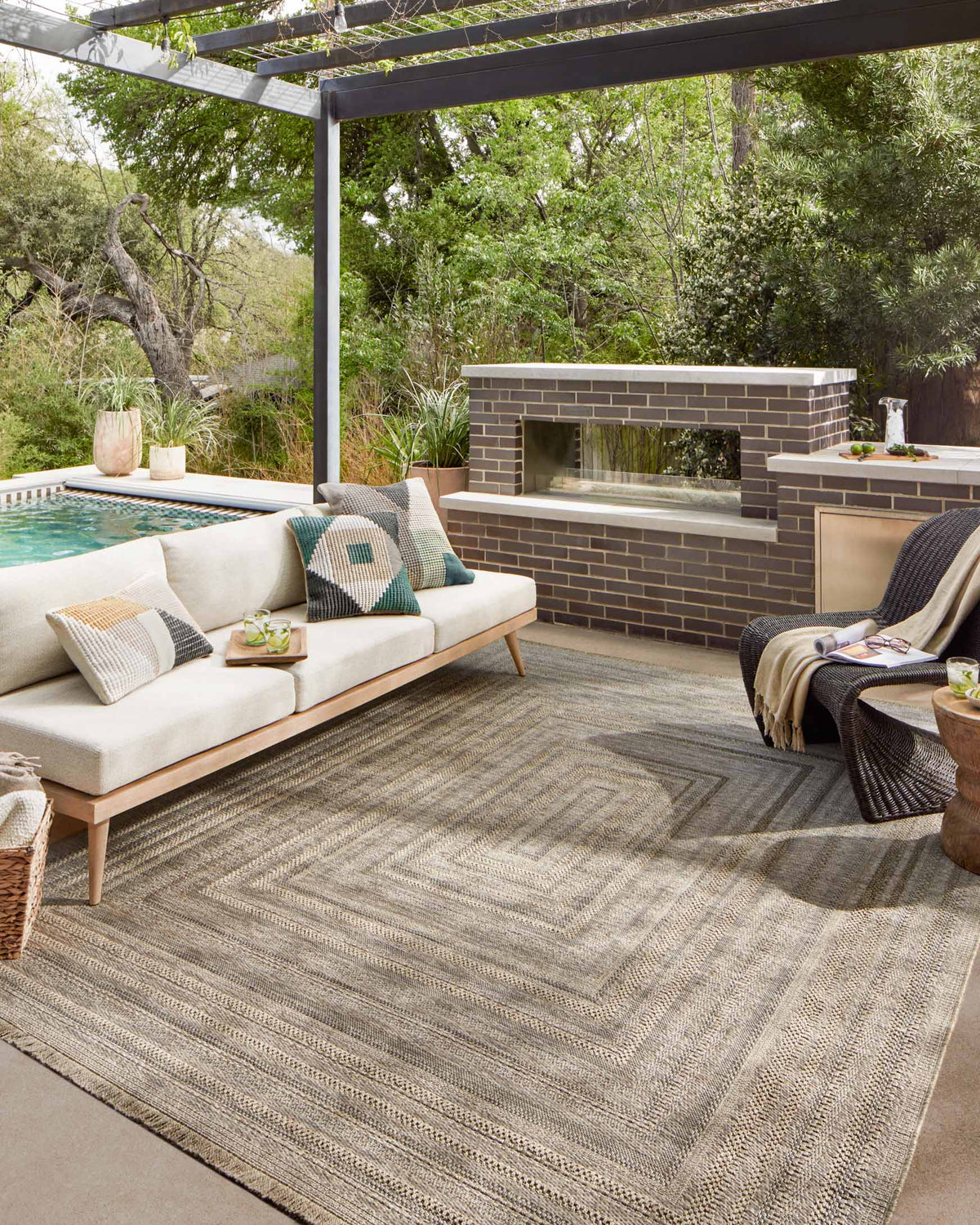 Natural area rug with layered geometric lines pattern, rectangular view
