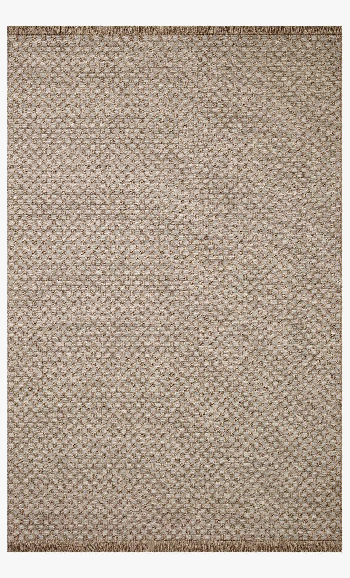 Natural area rug square shape with tight woven grid texture and fringe along bottom edge.