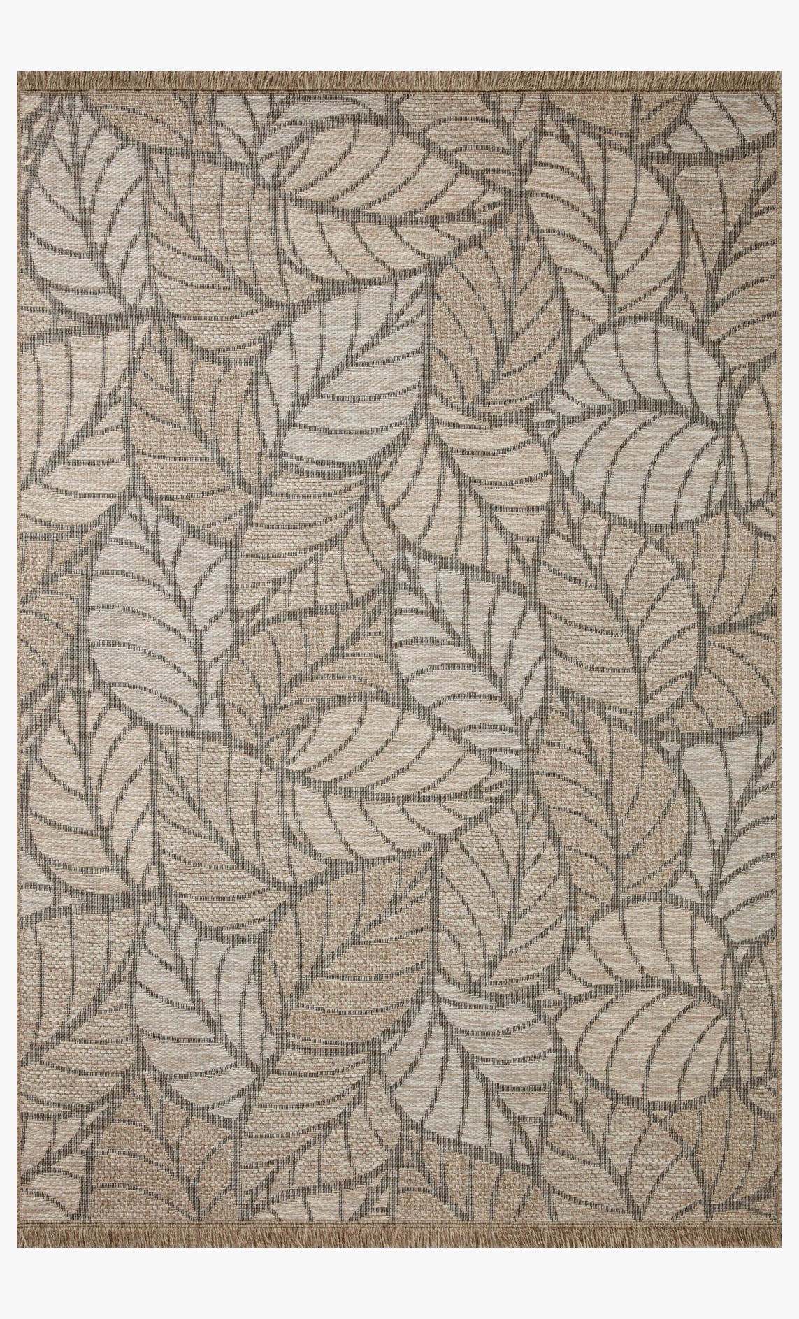 Natural leaf-pattern area rug with border, gray leaf motif on beige ground