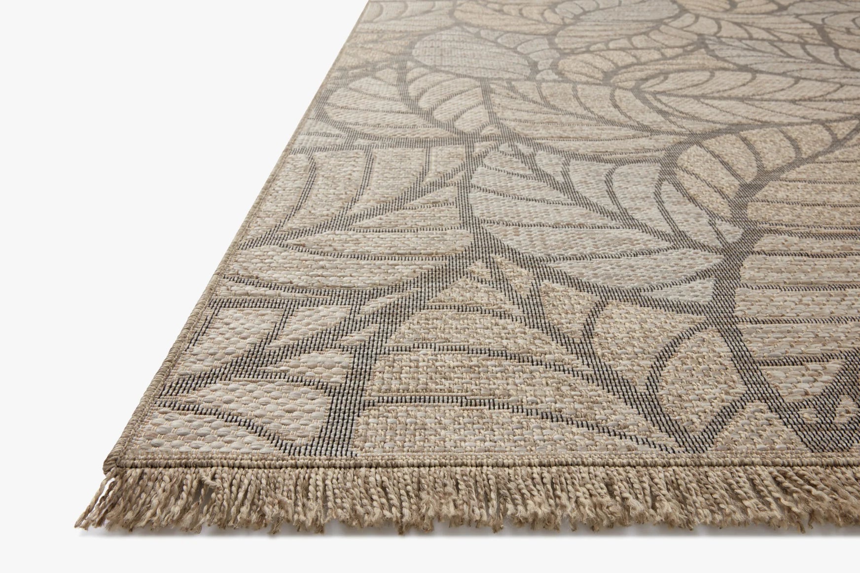 Natural runner rug with gray leaf pattern and short fringed ends