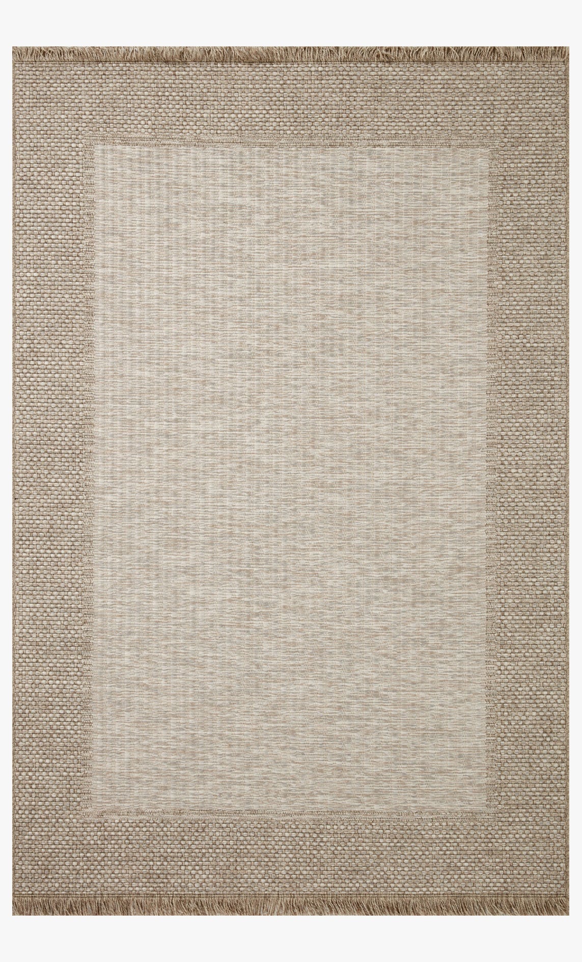 Natural area rug with central light panel, woven border, and short fringed edge