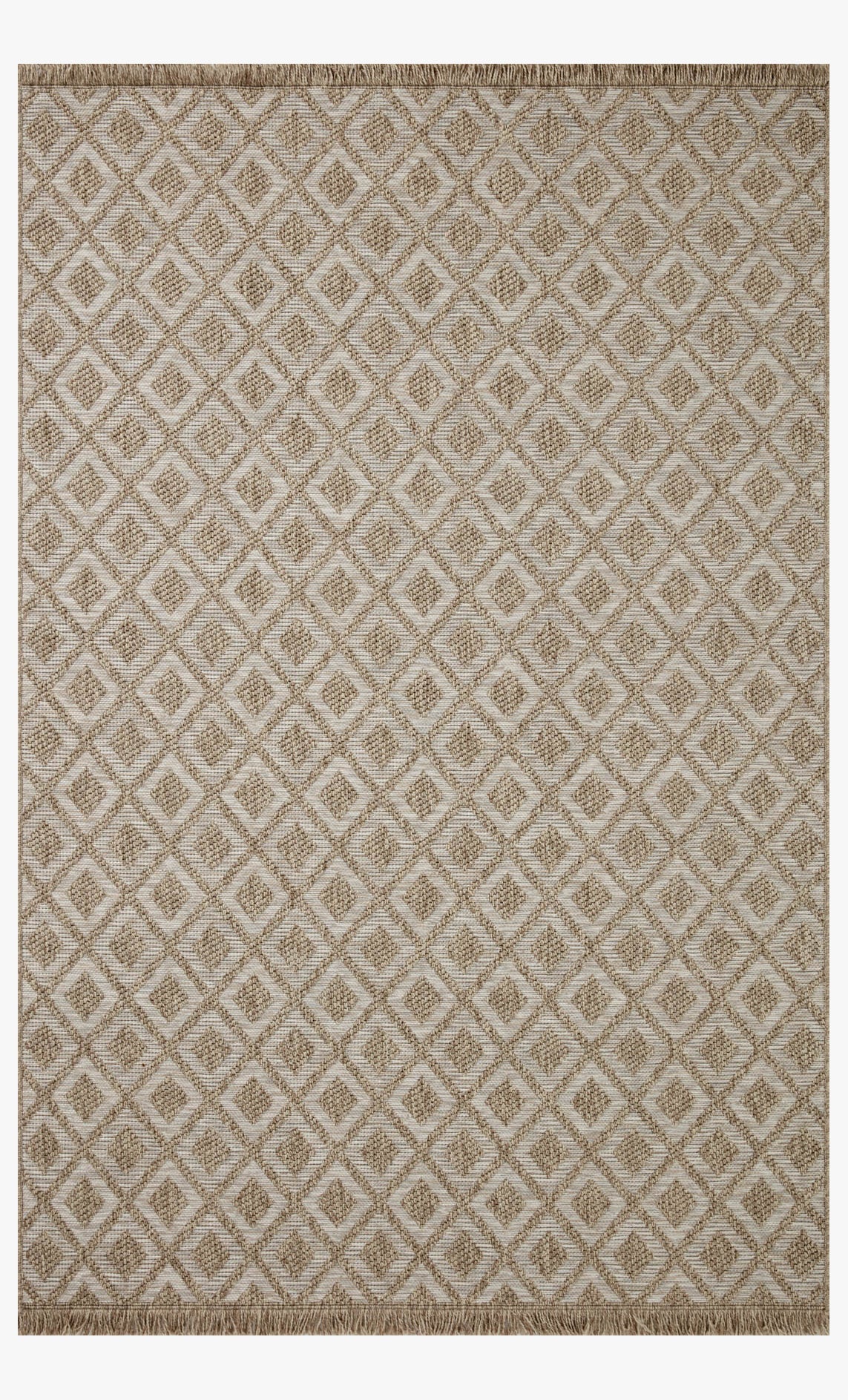 Natural square accent rug with repeating diamond lattice and short fringe at bottom