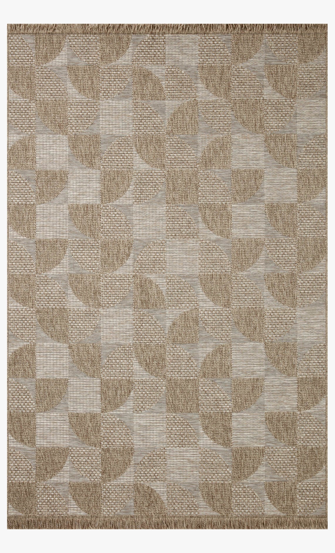 Natural geometric area rug with repeating patchwork pattern and flat woven surface, fringeless view